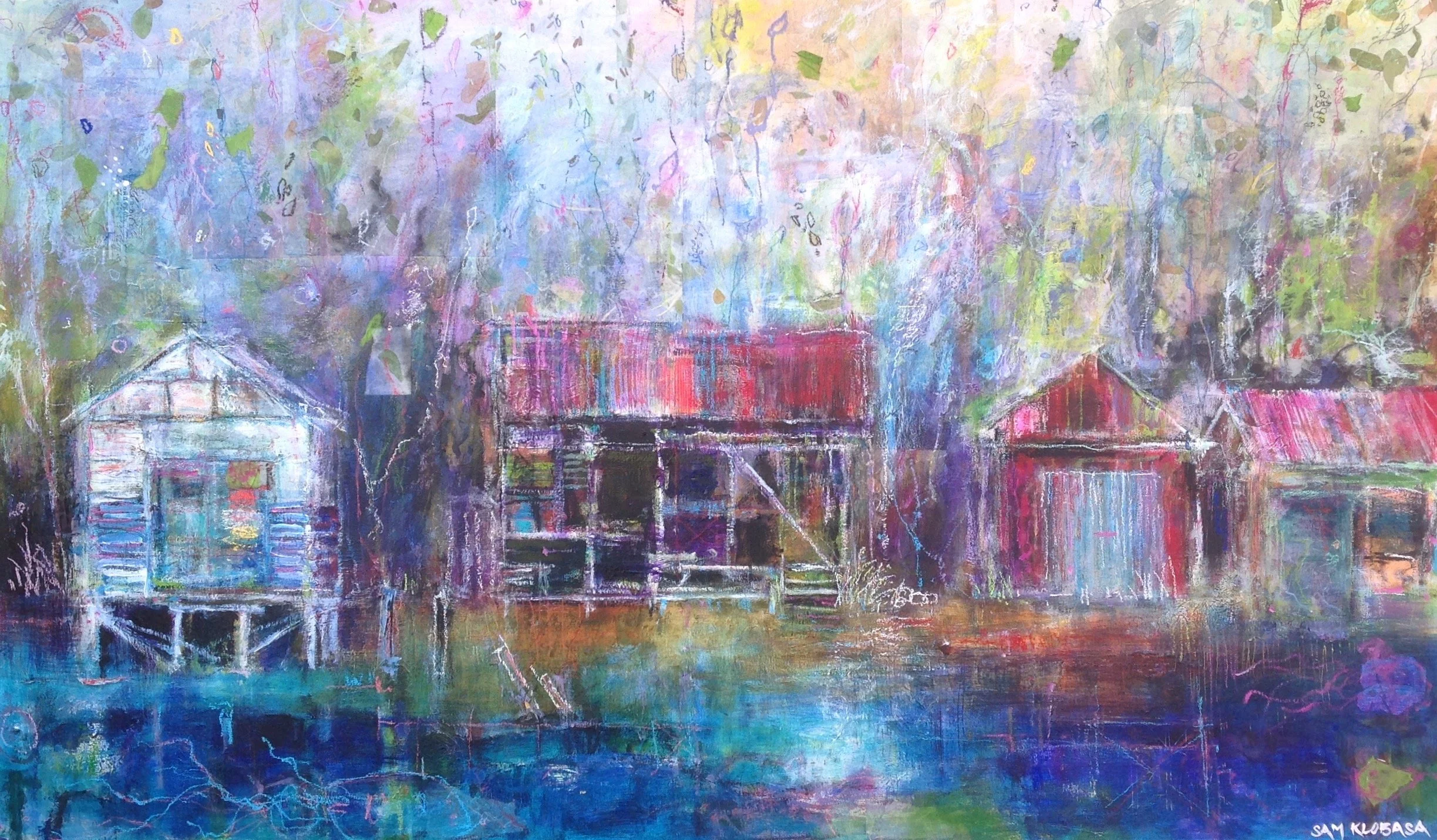 An abstract painting of colourful fishing huts at Pambula Rivermouth with trees in the background, featuring bright colours and loose brushstrokes.