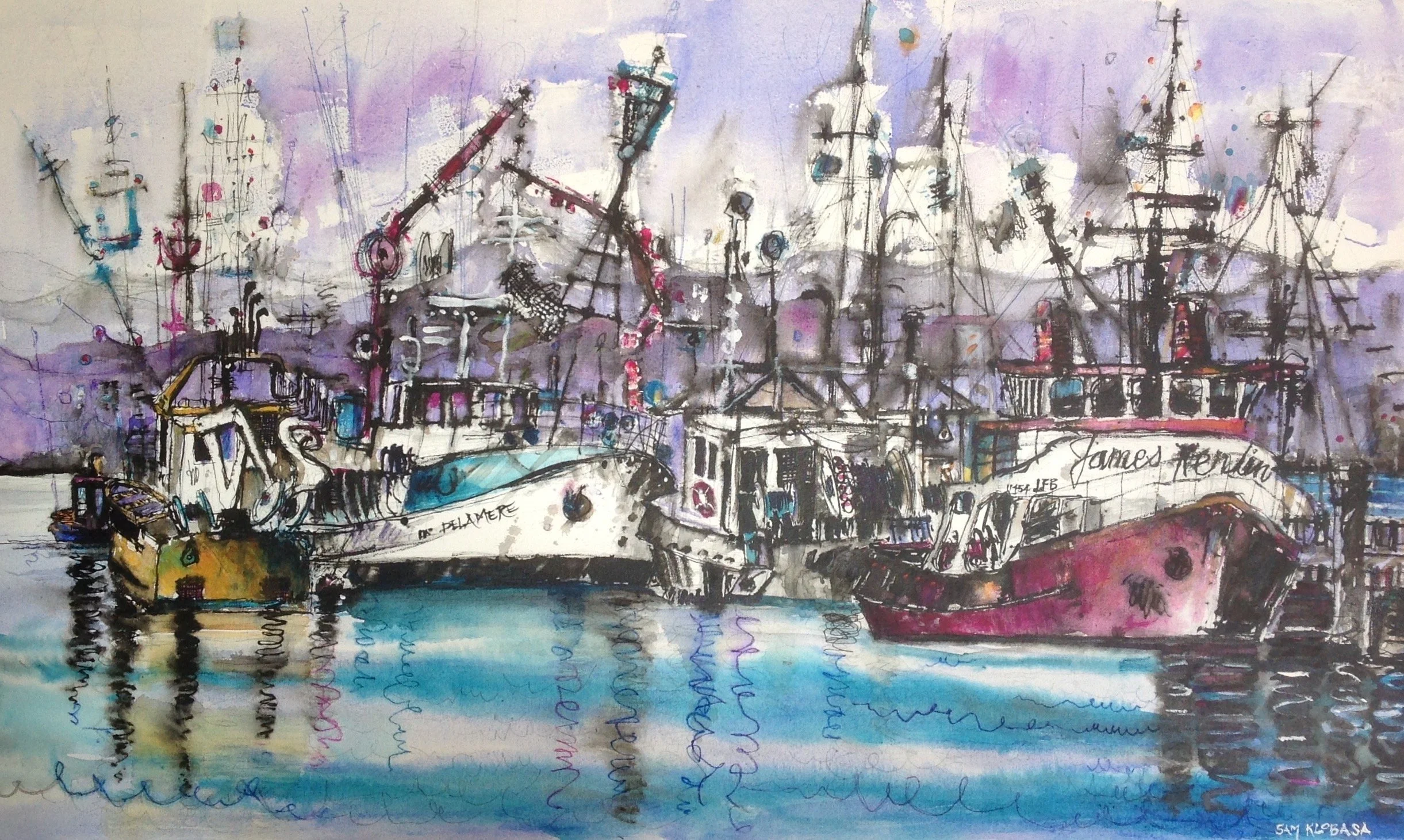 An abstract painting in ink of multiple ships docked at Eden Harbour, with purple, blue, and pink hues and loose, expressive lines.