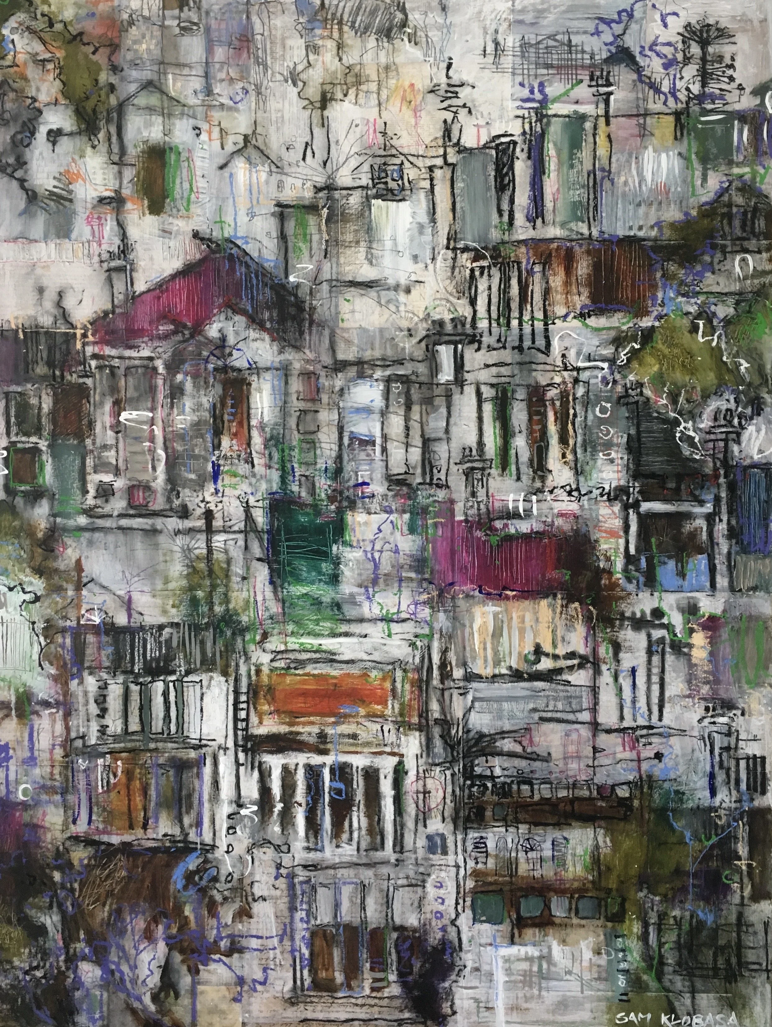 An abstract Sydney streetscape painting with buildings, trees, and colourful lines.