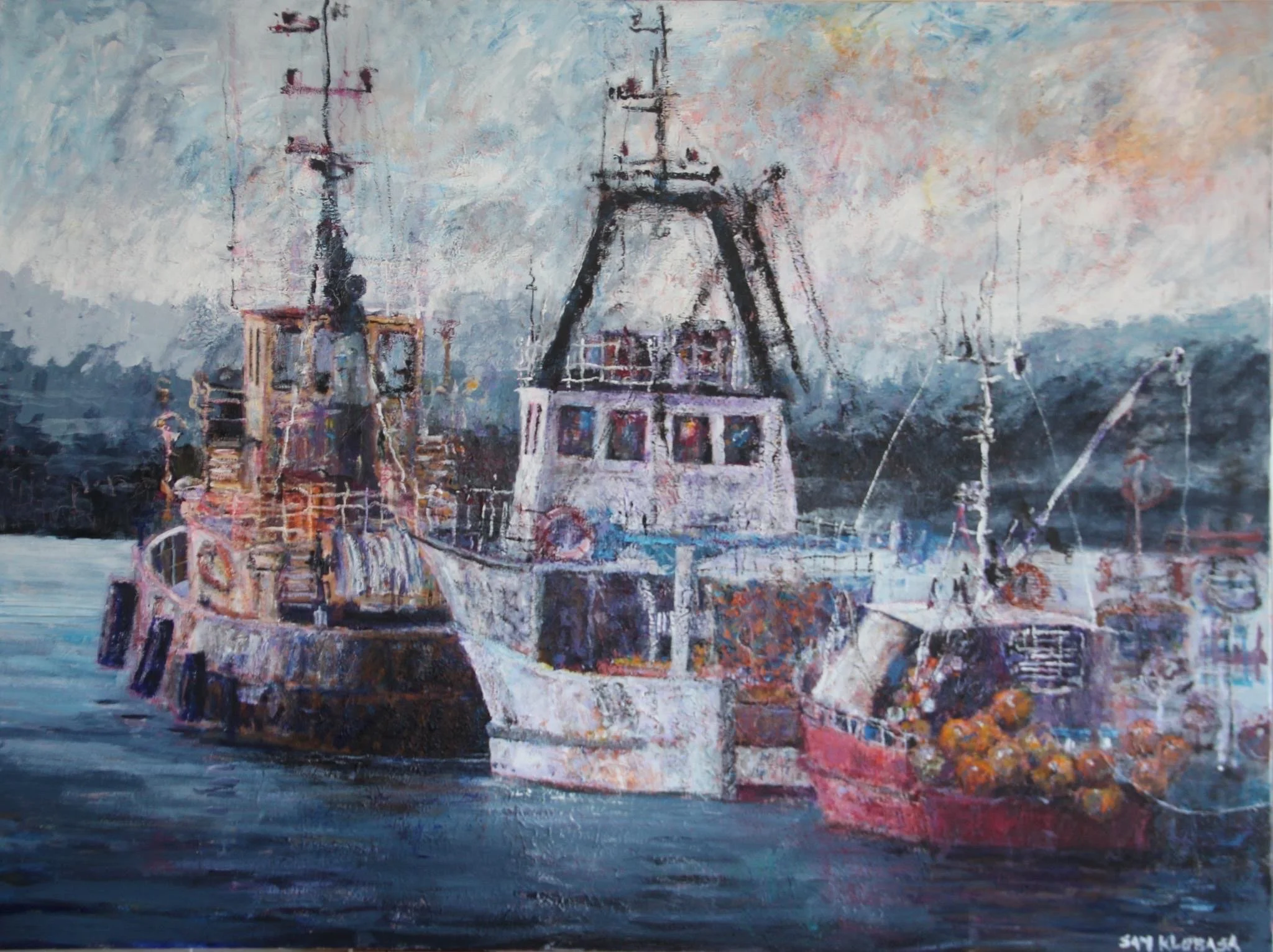 Trawlers of Weecon Cove (Sold)
Mixed media on canvas
36" x 48"