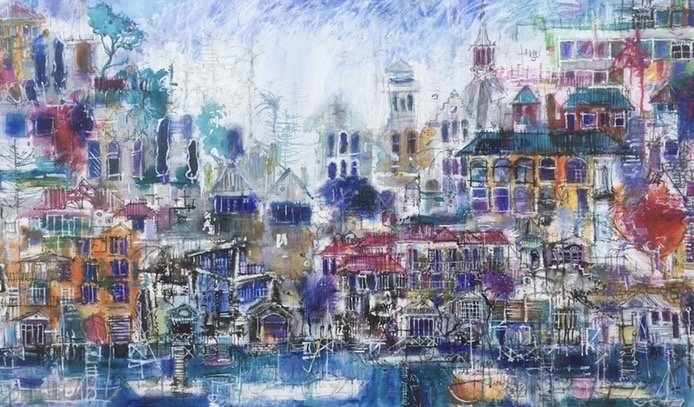A colourful vibrant mixed media painting of a Sydney streetscape with various buildings, trees, and boats along the water, with blue skyline.