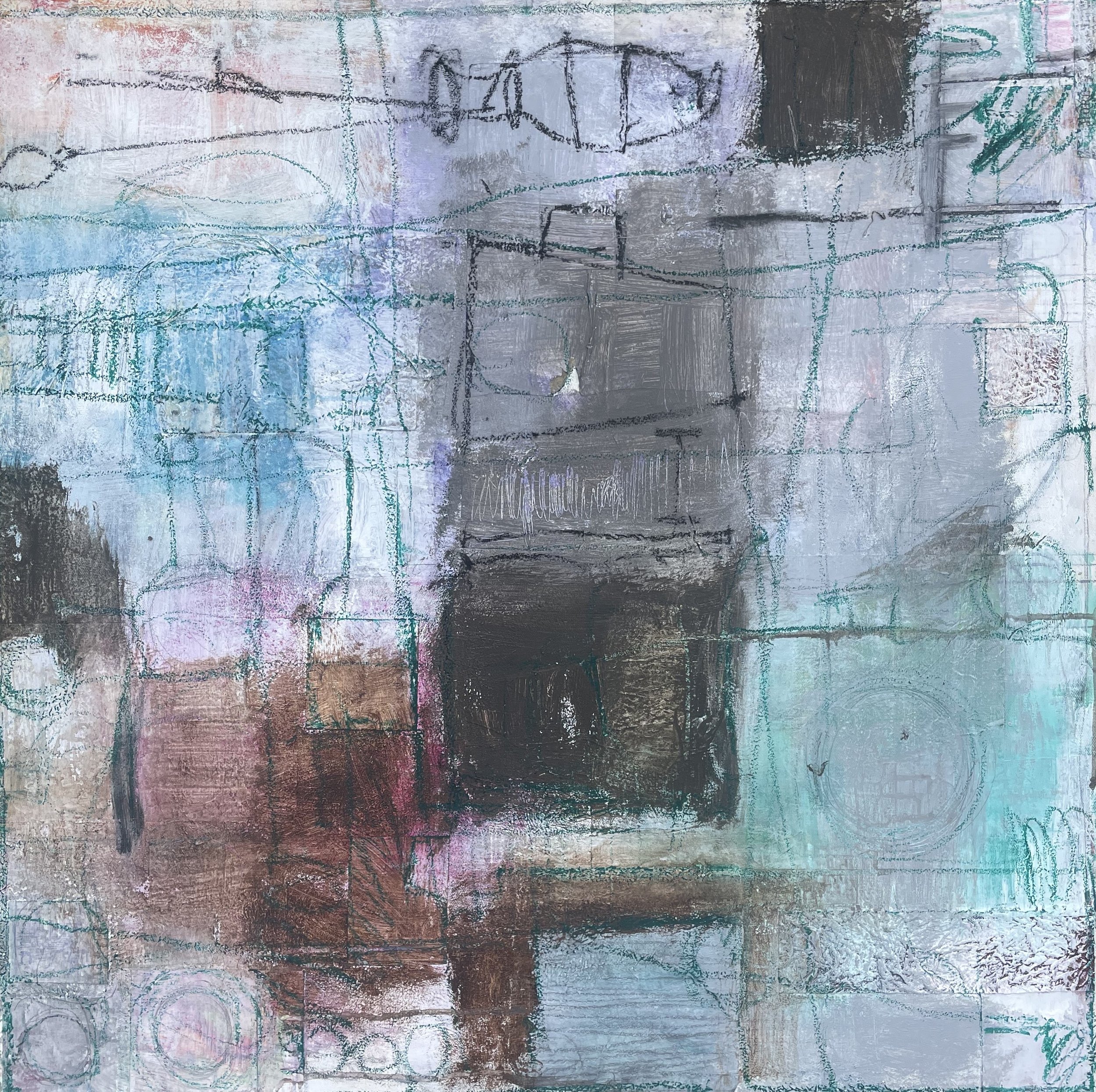 An abstract mixed-media artwork with layered textures, sketches, and colors including black, gray, blue, purple, teal, pink, and brown, featuring lines, shapes, and patterns.