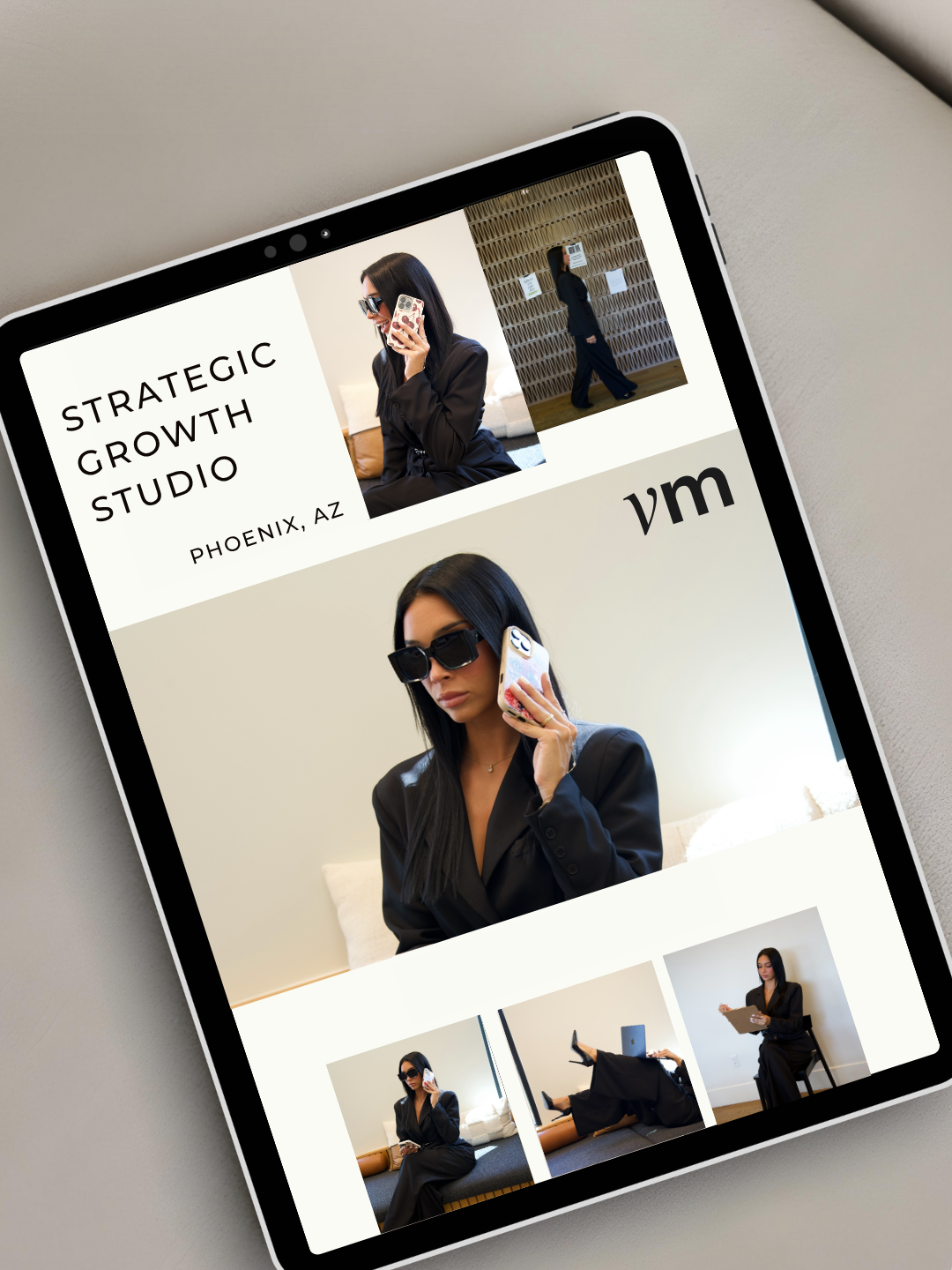 Screenshots of a woman in sunglasses talking on the phone and using her phone in a modern interior, with 'Strategic Growth Studio' and 'Phoenix, AZ' text, and a logo 'vm'.