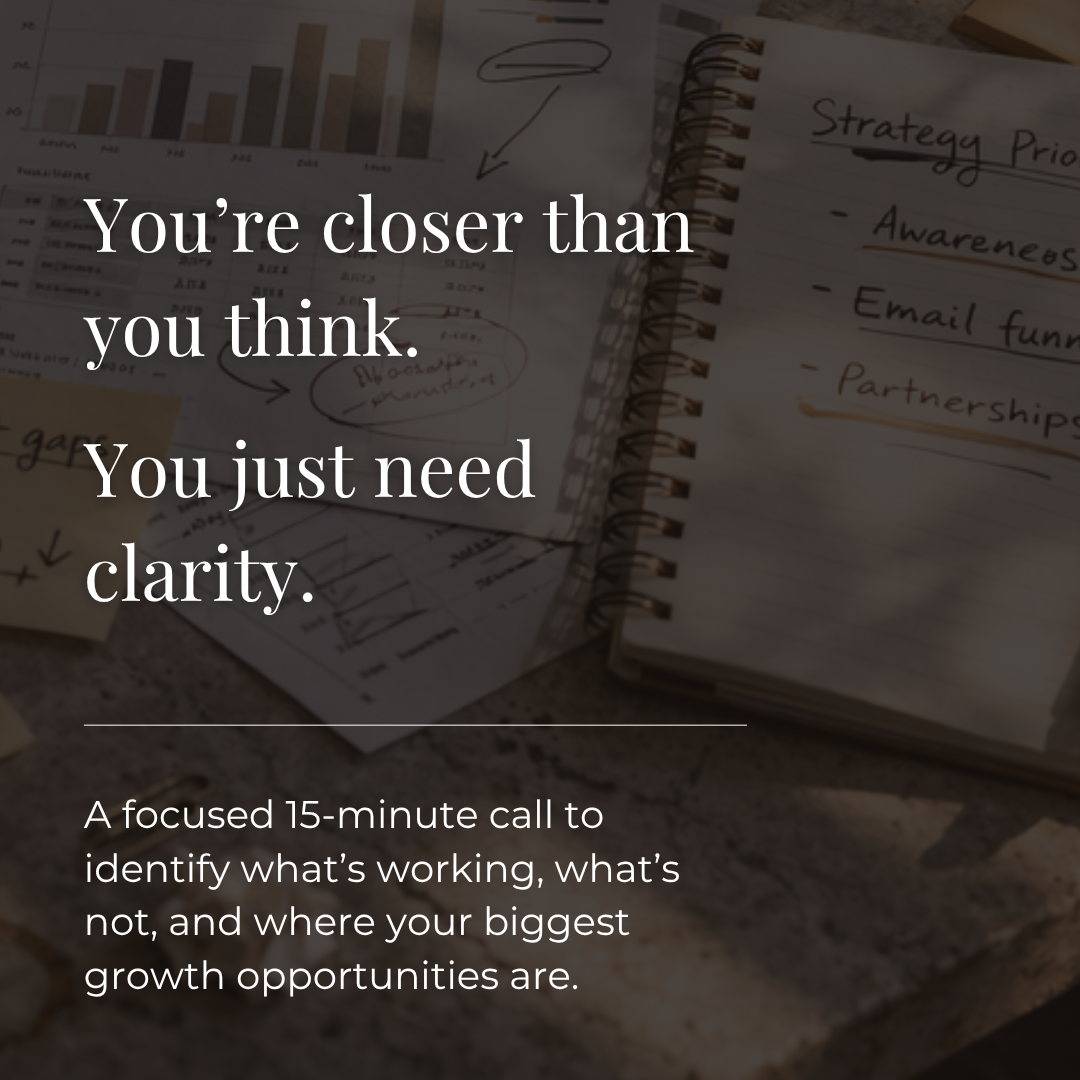 Text overlay on background of a notebook, papers, and charts, reading: "You're closer than you think. You just need clarity." Followed by a description of a focused 15-minute call to identify what's working and opportunities for growth.
