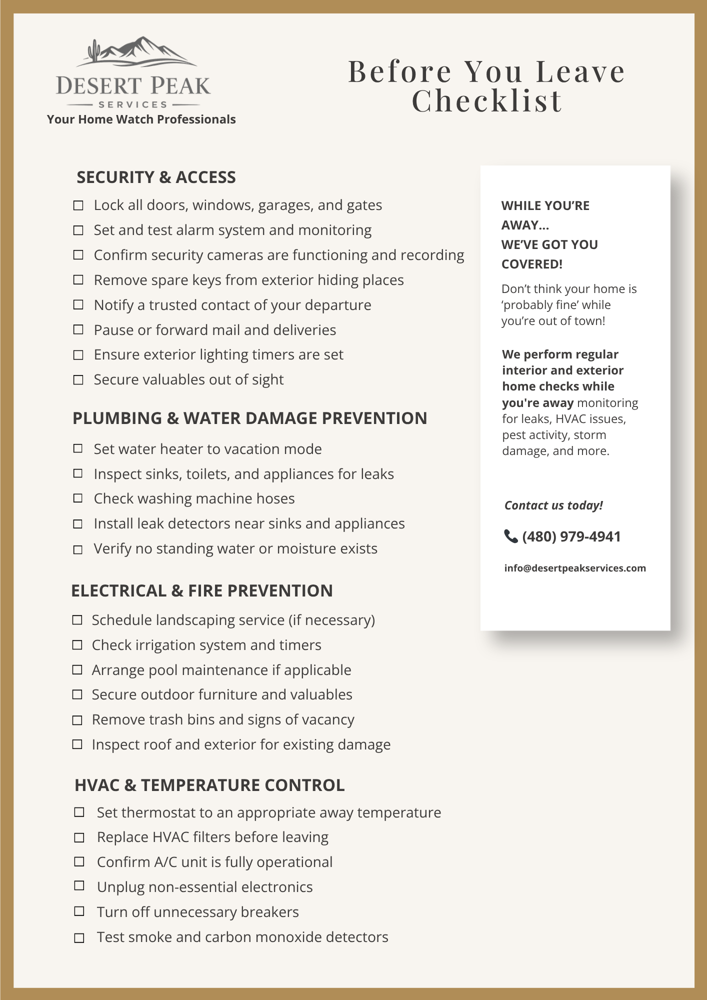A home maintenance checklist on a beige background, titled 'Before You Leave Checklist' from Desert Peak Services, with sections for security, plumbing, electrical, fire prevention, HVAC, and temperature control, including checkboxes and contact information.