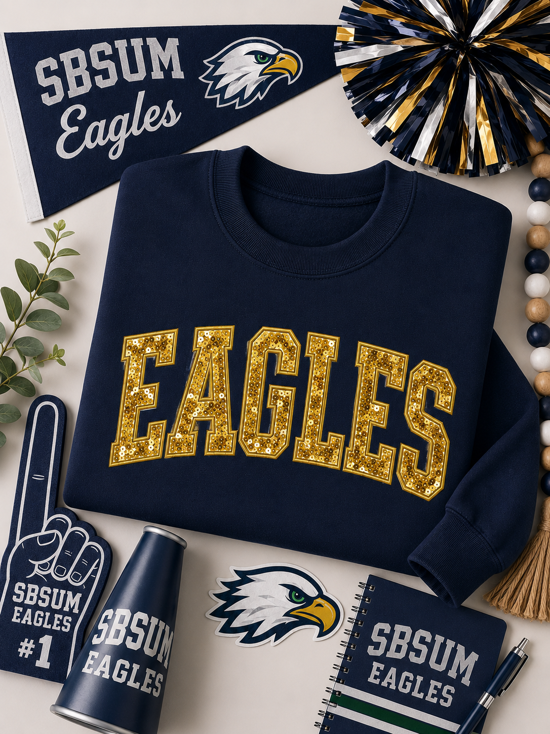 Navy and Gold Sequin “EAGLES” Embroidered Sweatshirt