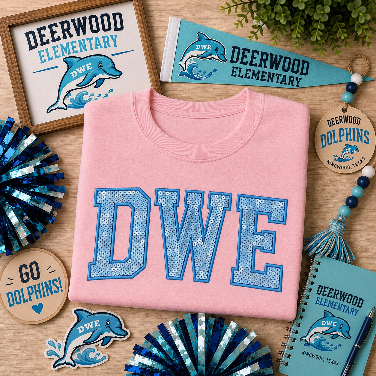 Pink and light blue Sequin “DWE” Embroidered Sweatshirt
