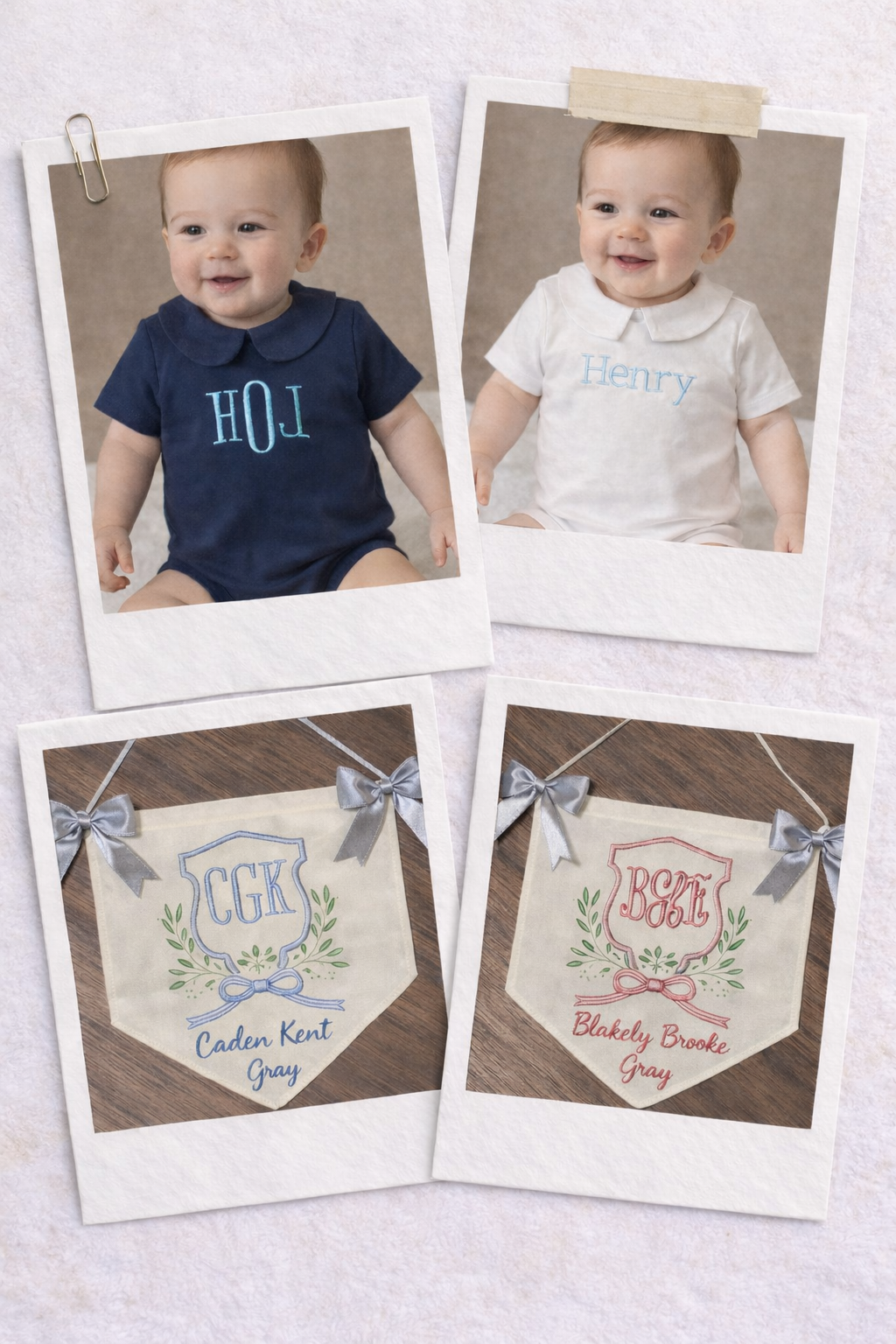 Two baby boys dressed in monogrammed outfits, with embroidered bibs featuring names and initials, on a pink textured background.