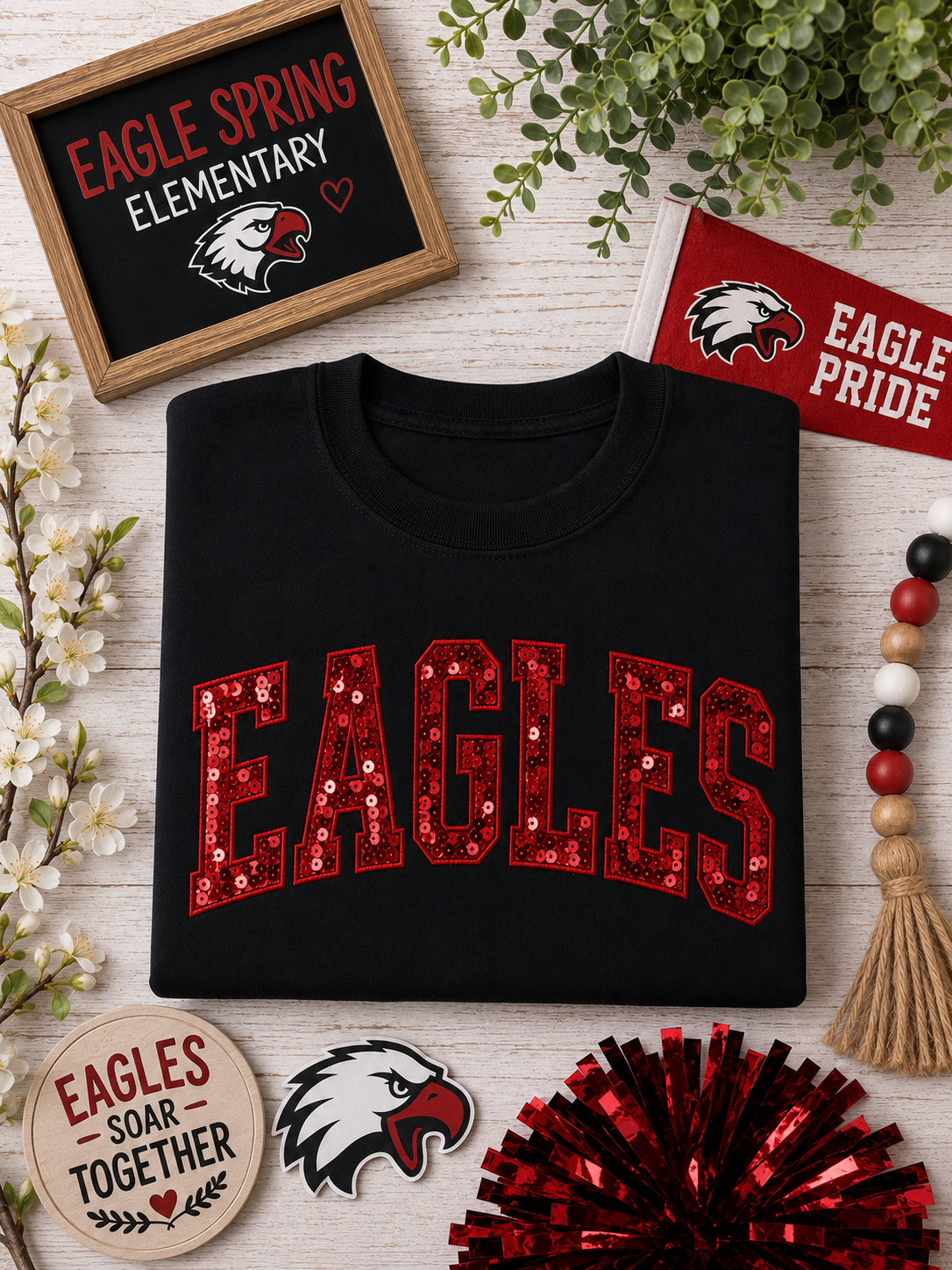 Black and Red Sequin “EAGLES” Embroidered Sweatshirt