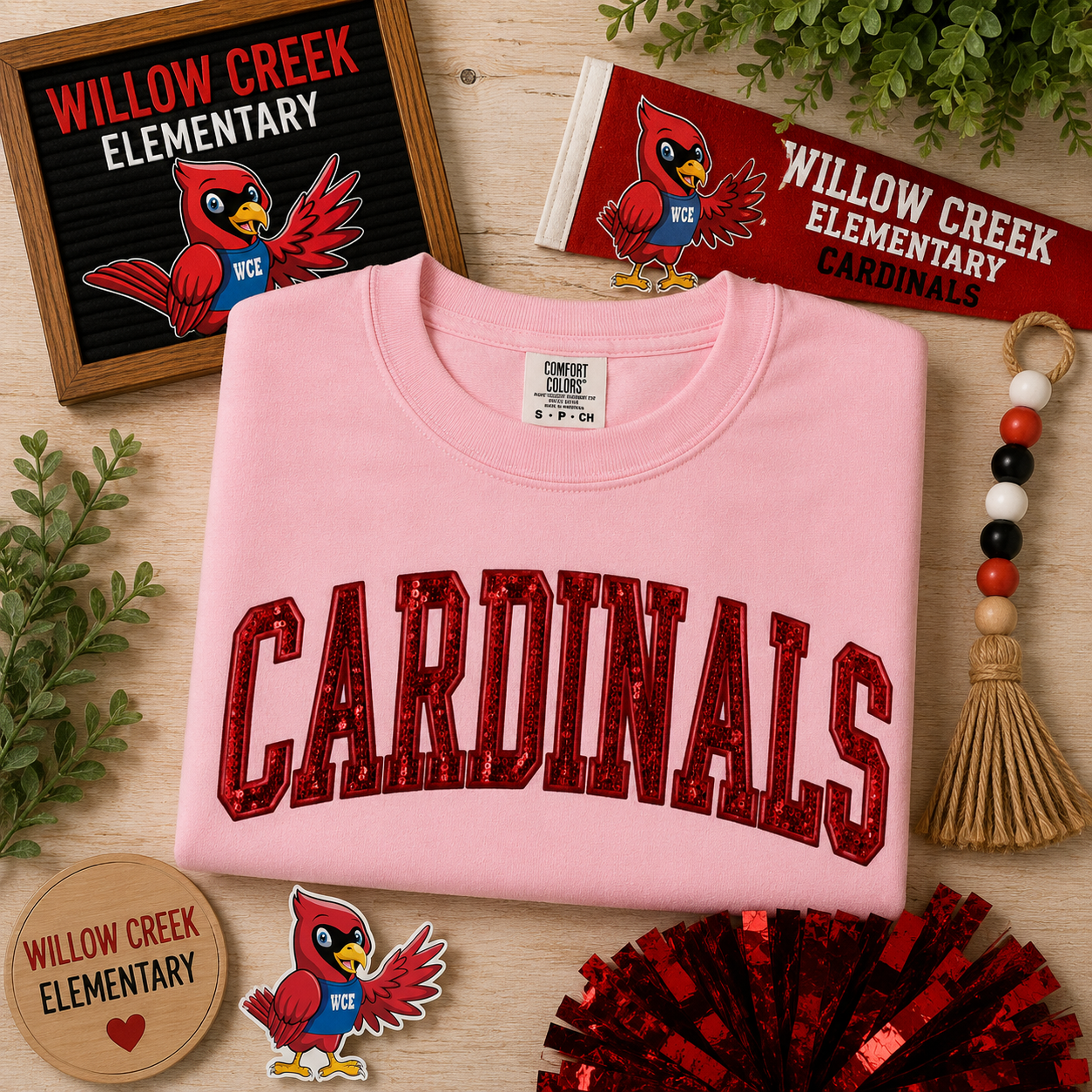Red Sequin “CARDINALS” Embroidered Sweatshirt