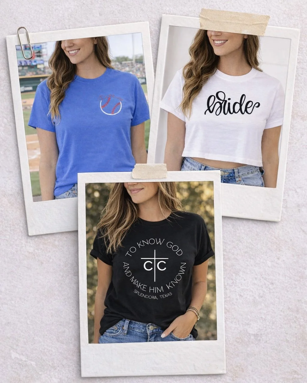 Three women wearing different T-shirts: one with a baseball design, one with the word 'bride', and one with religious text and a cross graphic.