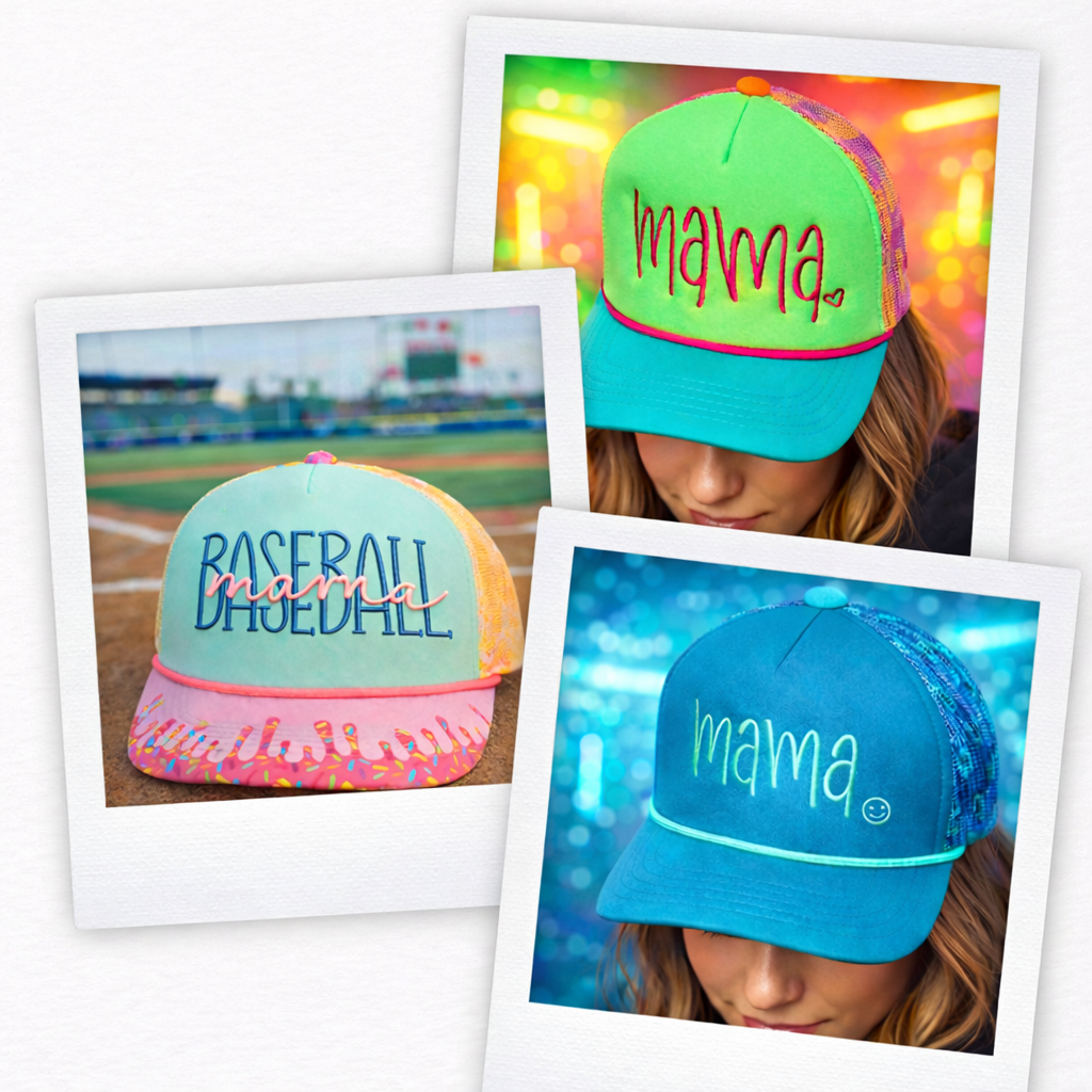 Three colorful baseball caps with embroidered text reading "mama." The caps are displayed on a baseball field and in different vibrant backgrounds, including a woman wearing two of the caps.