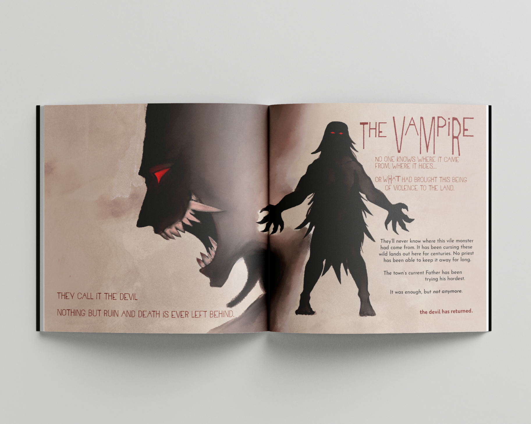 An illustrated two-page spread from a book depicting a dark, shadowy creature with red eyes and spiky features, titled "The Vampire." The pages contain text about the creature, describing it as the devil, associated with violence and destruction.