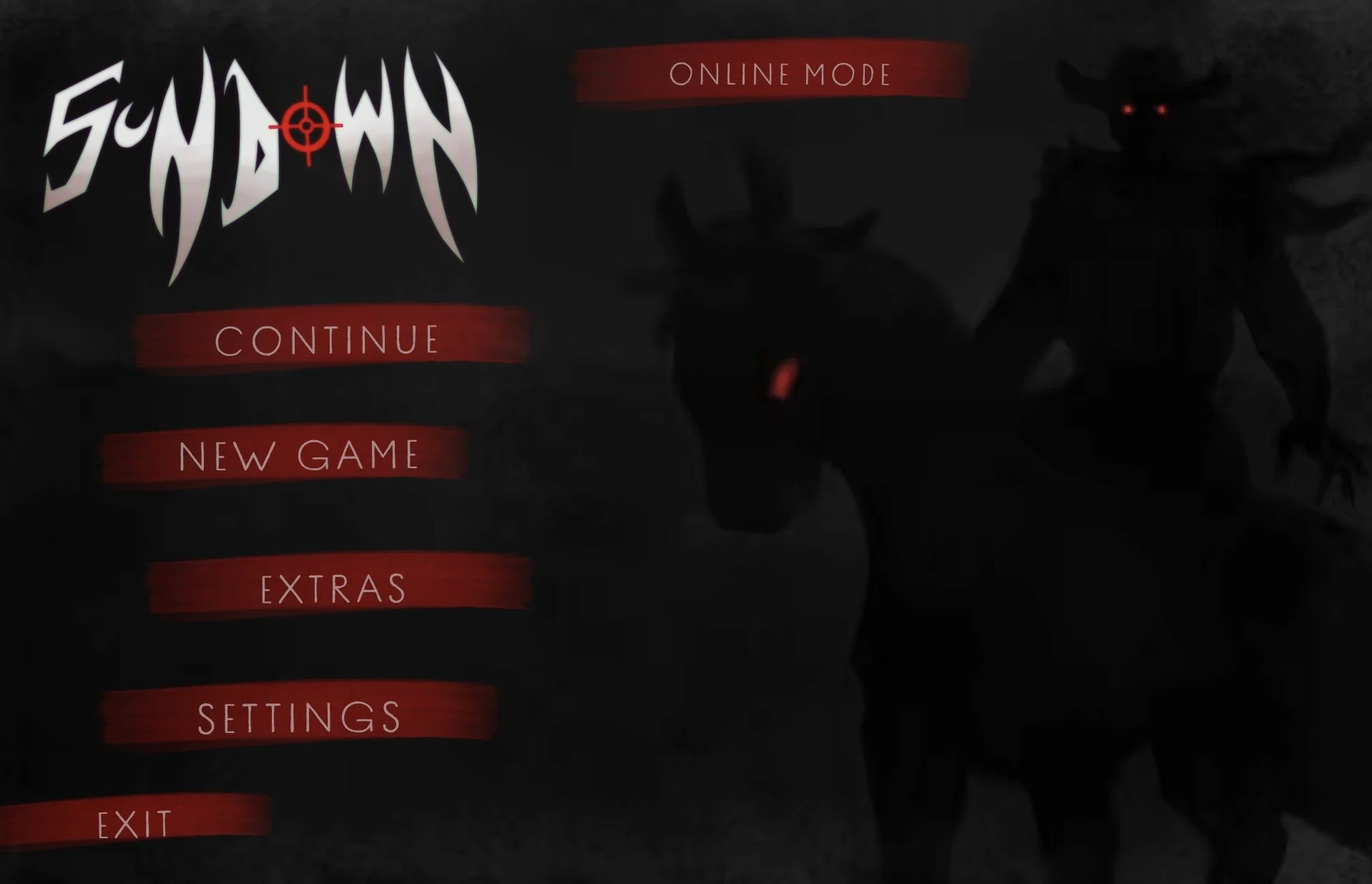 Video game menu screen with game logo and options: Continue, New Game, Extras, Settings, Exit, with dark background and faint silhouette of a monster with glowing red eyes.