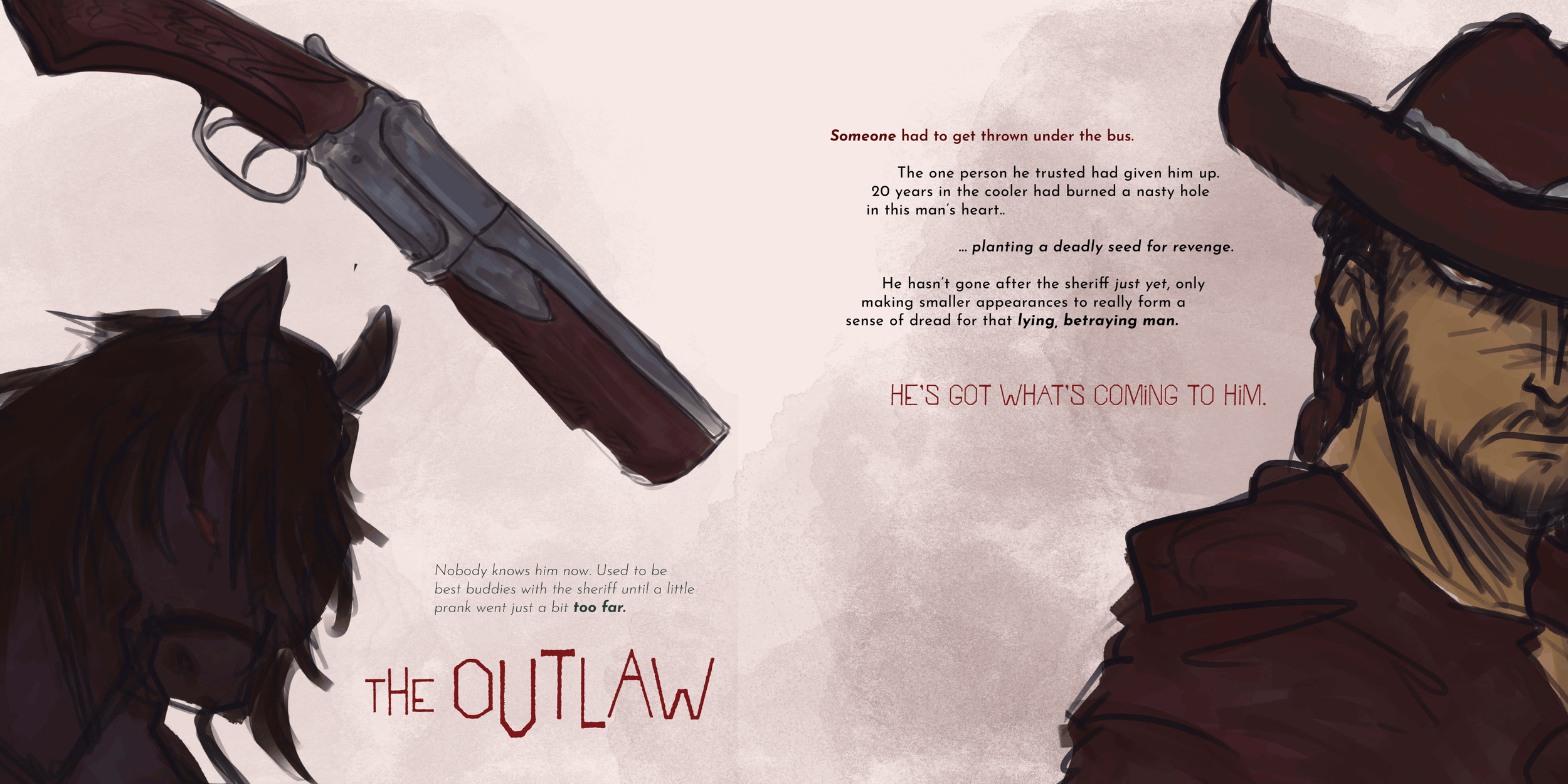 Illustration of a cowboy with a serious expression, wearing a hat, with a gun pointed at a horse, with text about revenge and betrayal.