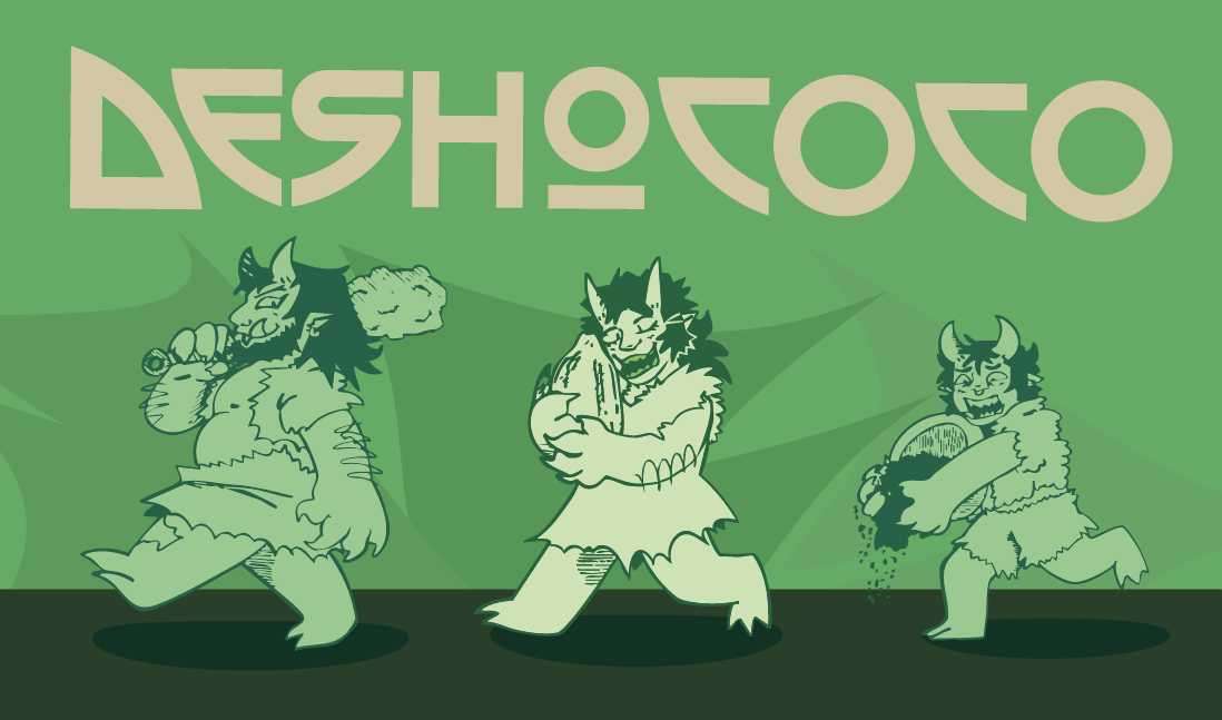 Three cartoon monsters on a green background, holding various objects, with a large, stylized text at the top.