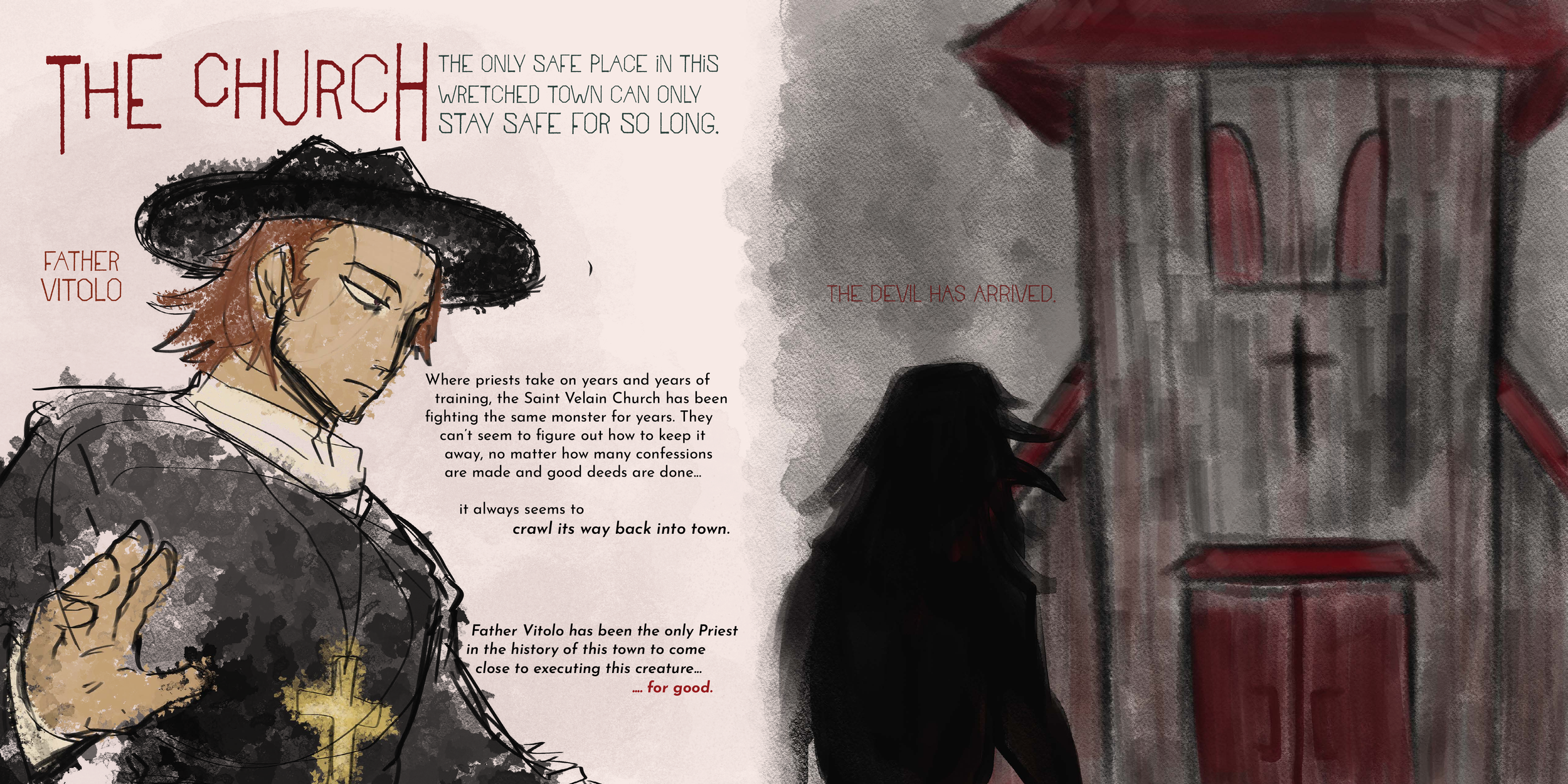 Illustration of a priest with light skin, wearing a black hat, with a somber expression, holding a crucifix. The background depicts a dark, ominous church with red and gray tones, and a shadowy figure with red eyes. The text discusses the church's battle against a creature, mentioning Father Vitolo, a priest, and the arrival of the devil.