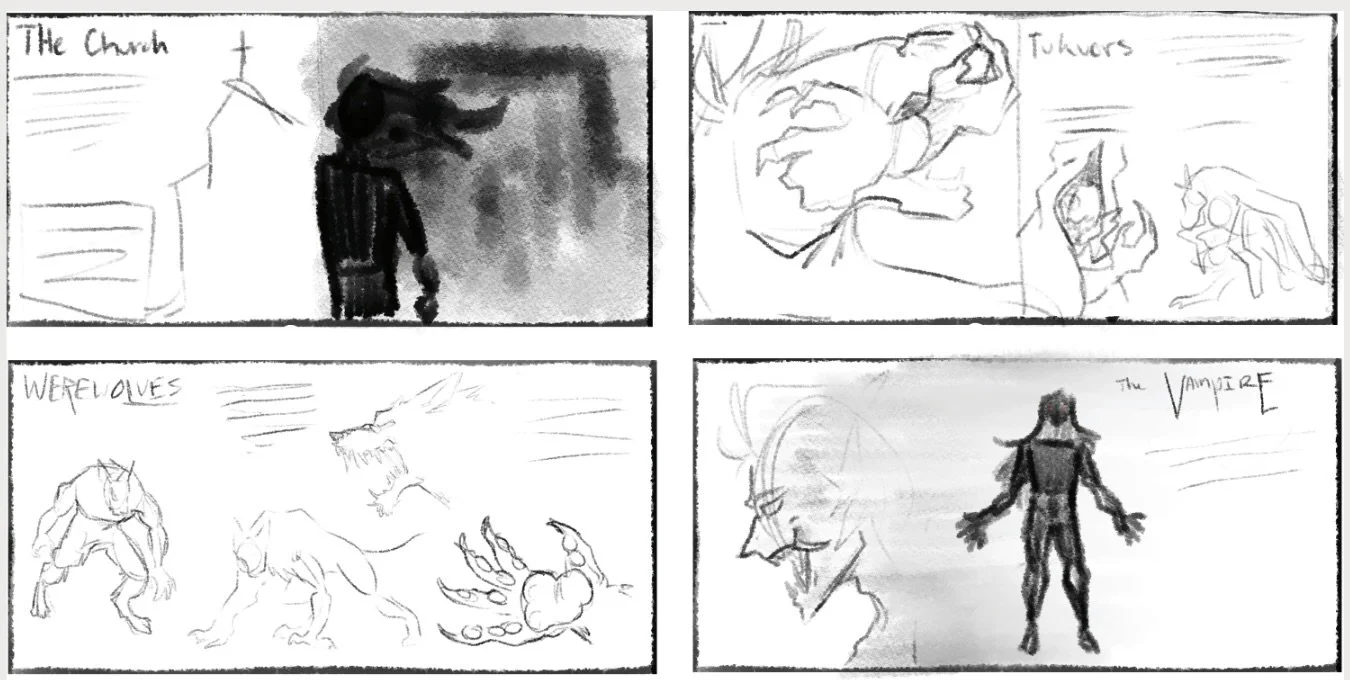 Sketches depicting a story with four panels: the first panel shows a church with a figure nearby; the second panel shows a character named Tukurs, possibly a werewolf, with sketches of hands holding a phone and a mask; the third panel shows three wolf-like creatures labeled "Werewolves" in a fighting stance with a wolf or beast in the background; the fourth panel shows a vampire with wings and a dark figure with the label "the vampire."