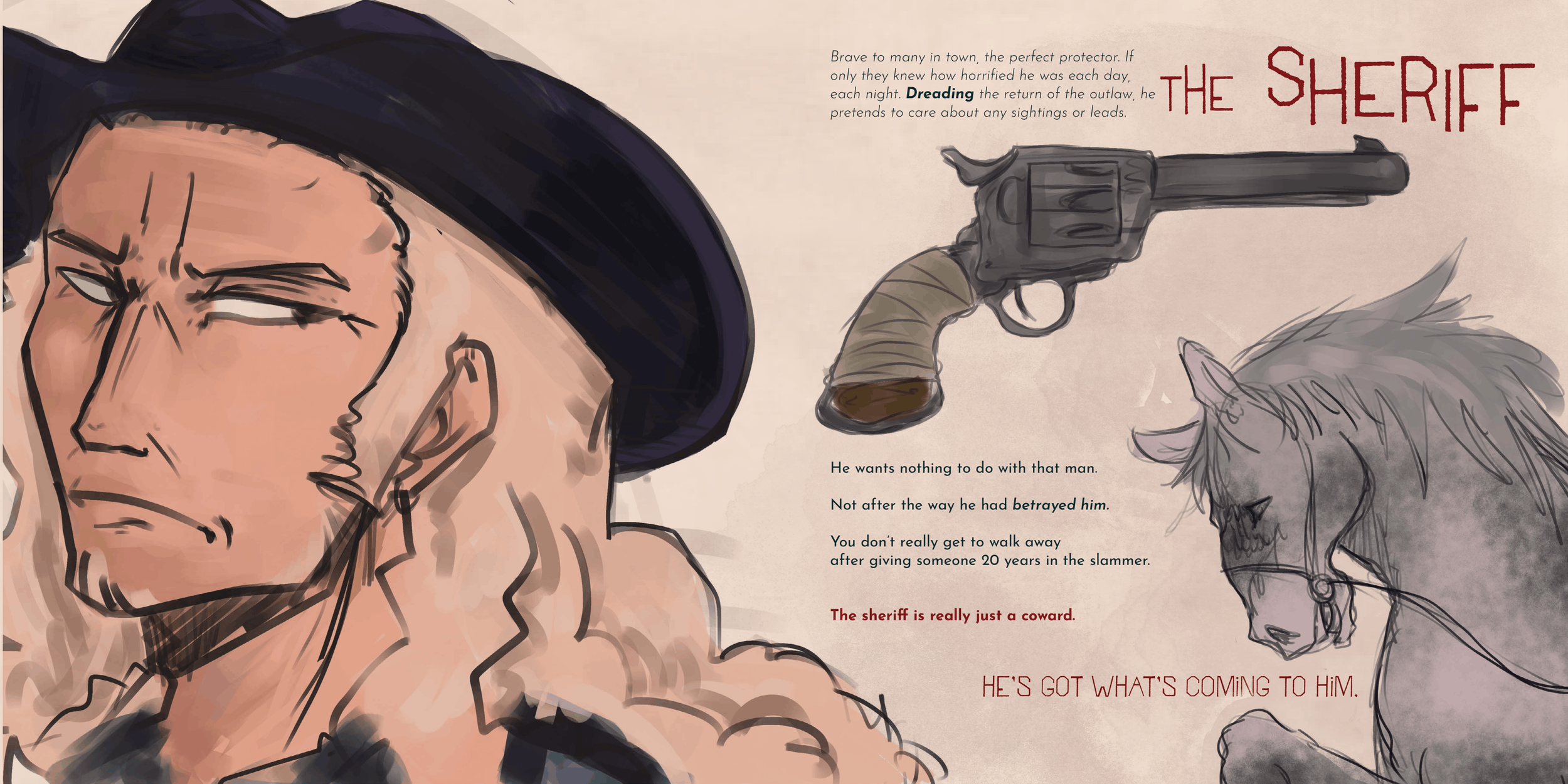 Drawing of a man with a stern expression, wearing a dark hat, with a gun, and a horse with a harness. Text discusses the sheriff's violent reputation and cowardice.