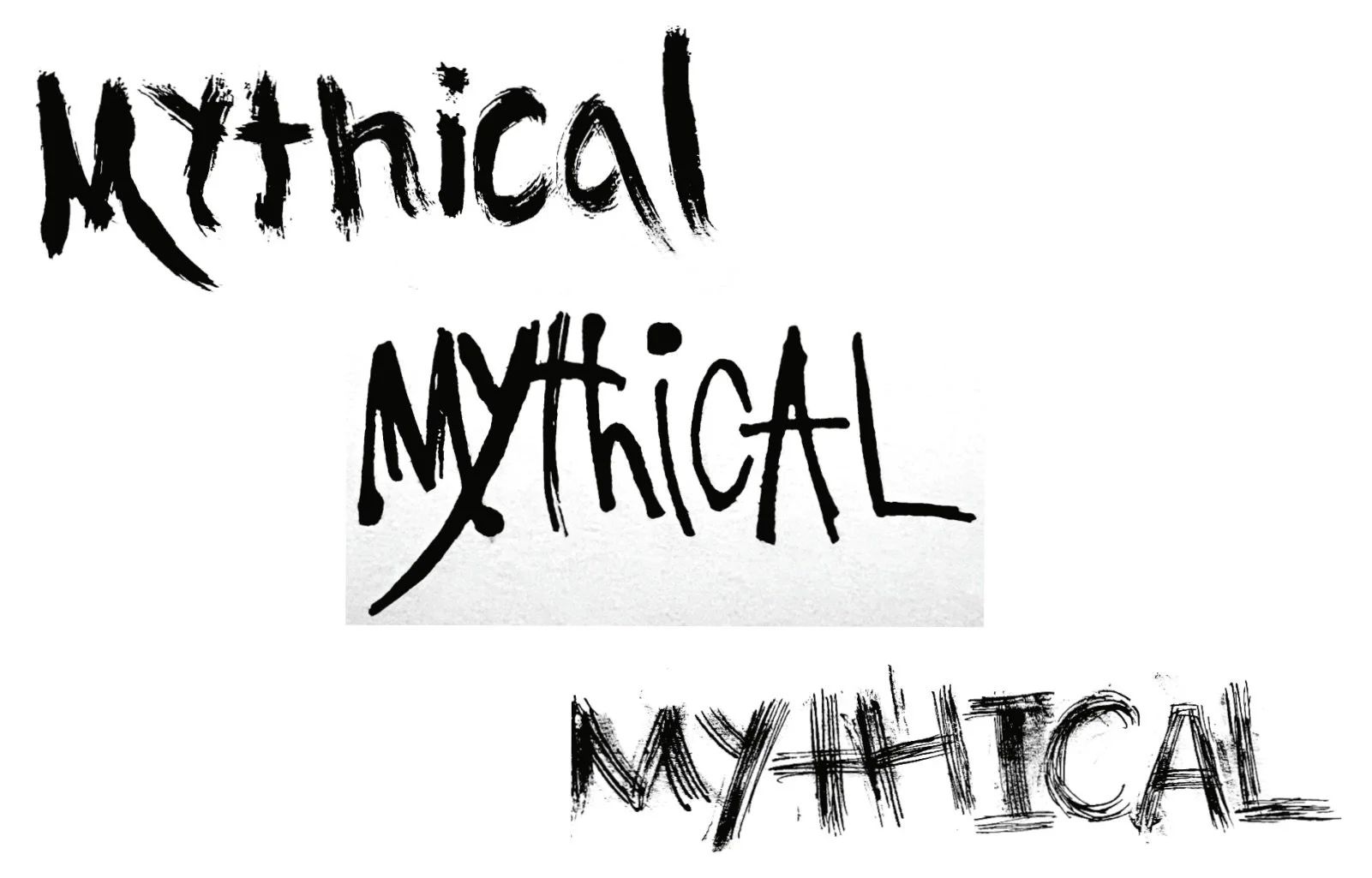 Text that reads 'Mythical' and 'Mythical' in black, handwritten style, with a rough, artistic font on a white background.