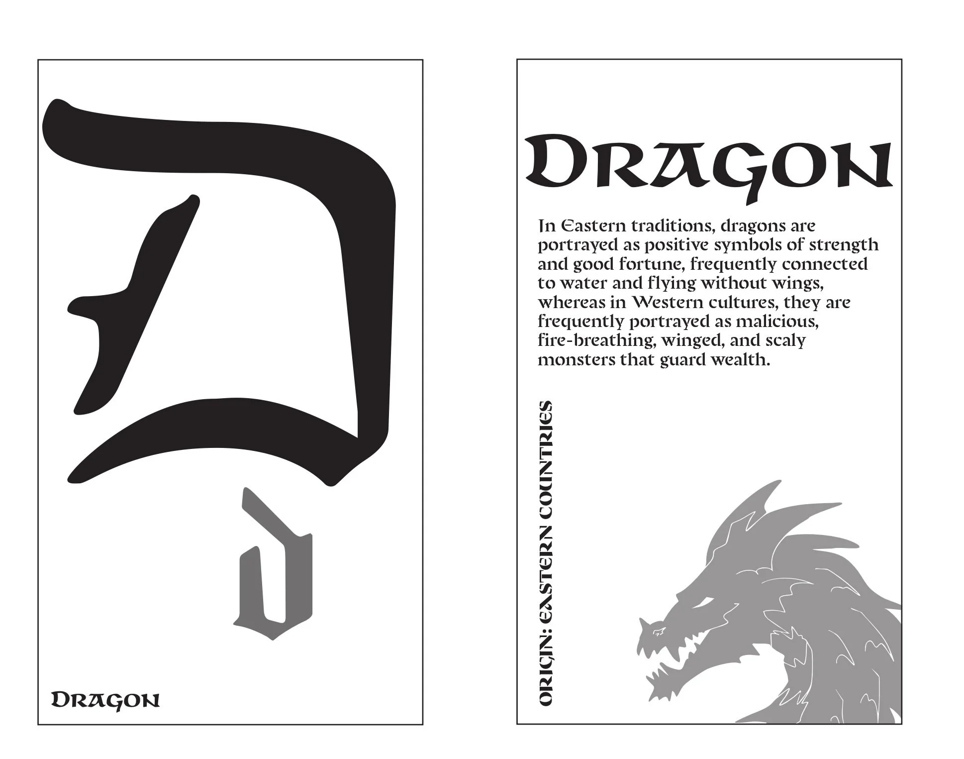 A black and white illustration of a dragon's head with the word "DRAGON" written above it and a description explaining the symbolism of dragons in Eastern and Western cultures.