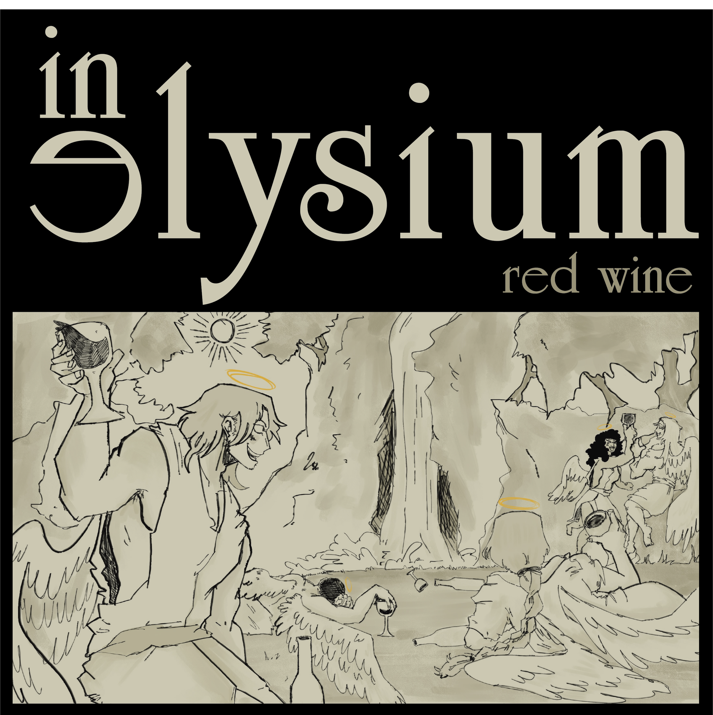 A detailed black-and-white illustration of a vineyard scene with people harvesting grapes. The background contains trees, a sun, and a clear sky.