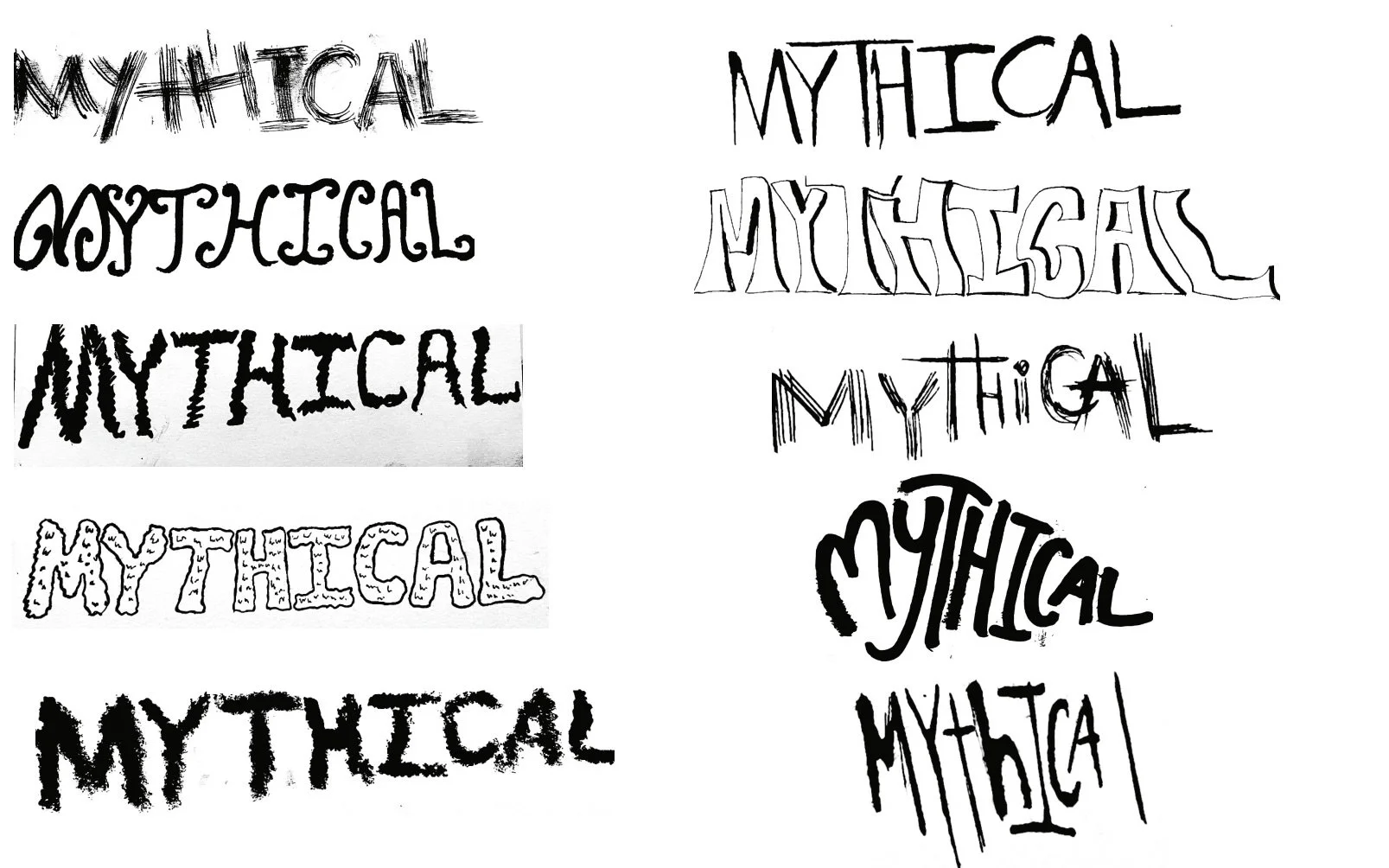 Multiple hand-drawn words 'MYTHICAL' in various styles, arranged in rows and columns, showcasing different artistic lettering designs.