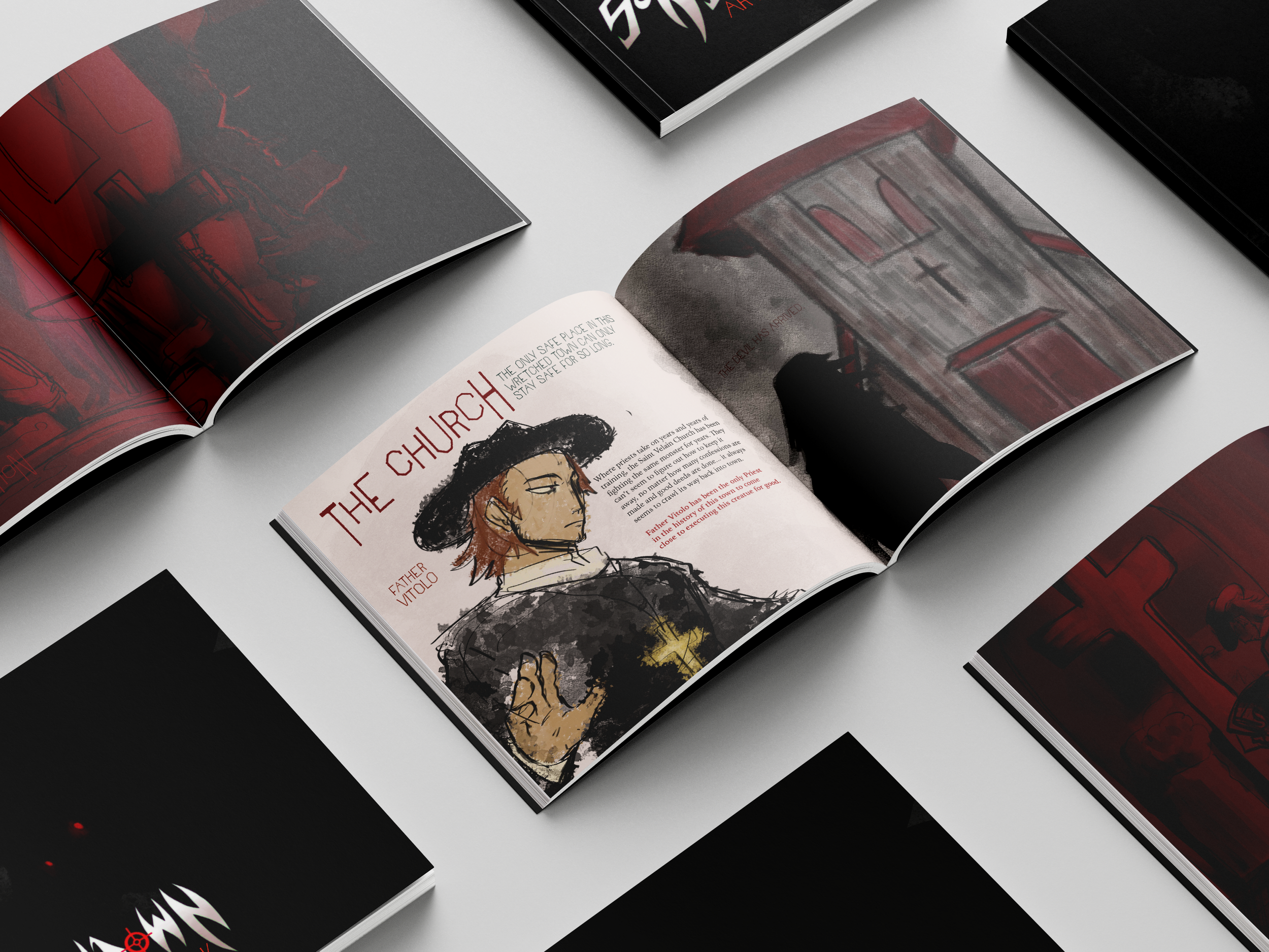 Open magazine showing illustrated character of a person with dark hair and a hat, with text about a church and references to Father Vitolo, laid out on a table with other magazines.