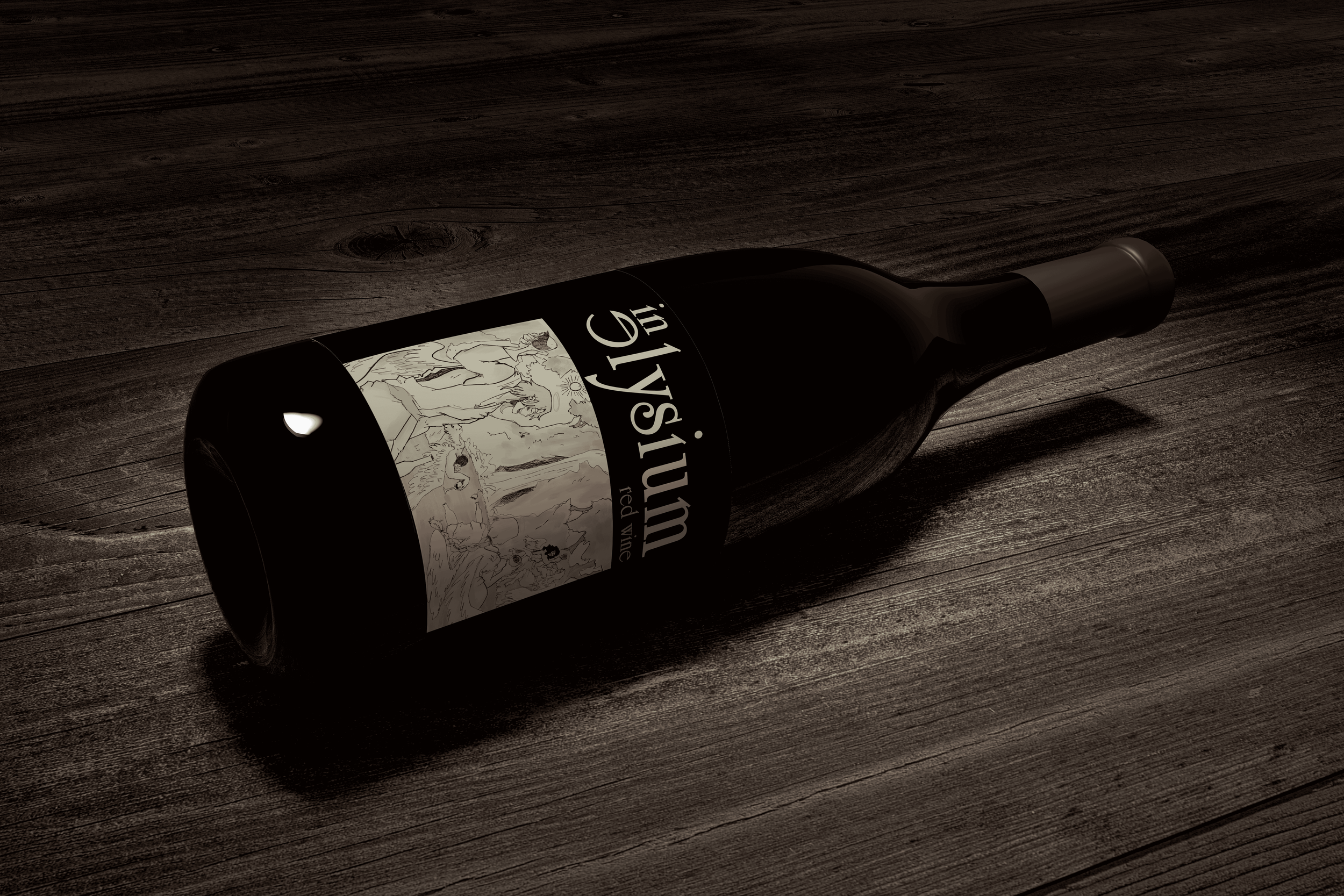 A dark wine bottle with a detailed label, lying on a wooden surface.