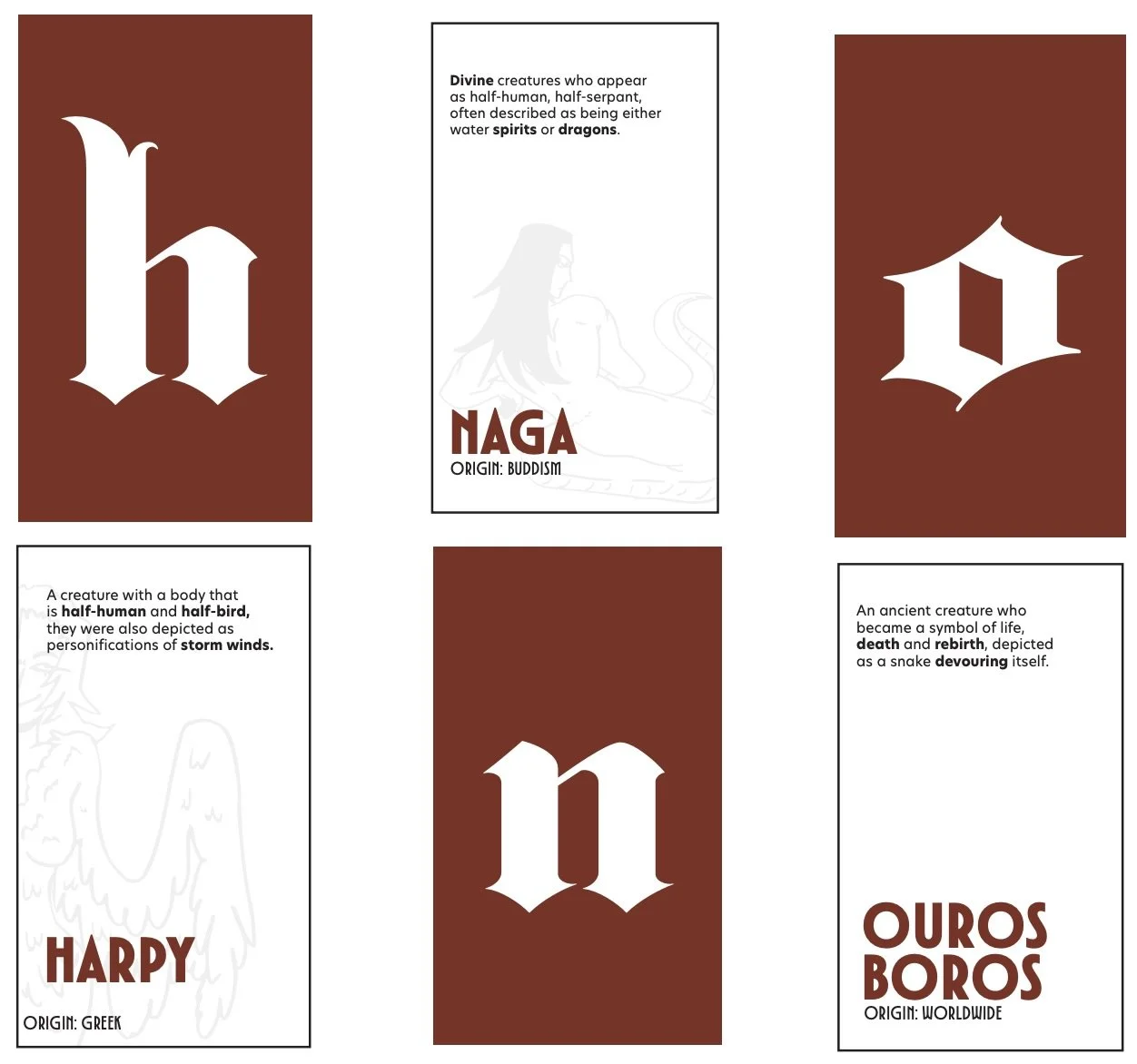 Educational infographic featuring the letter 'h' in a Gothic font and information about divine creatures called Naga, describing them as half-human, half-serpent, water spirits or dragons from Buddhism. It includes descriptions of storm wind creatures with half-human, half-bird bodies, and mentions Ouroboros as a symbol of life, death, and rebirth, depicted as a snake devouring itself. The design uses a brown background with white text and illustrations, and a smaller illustration of a Naga in the center.