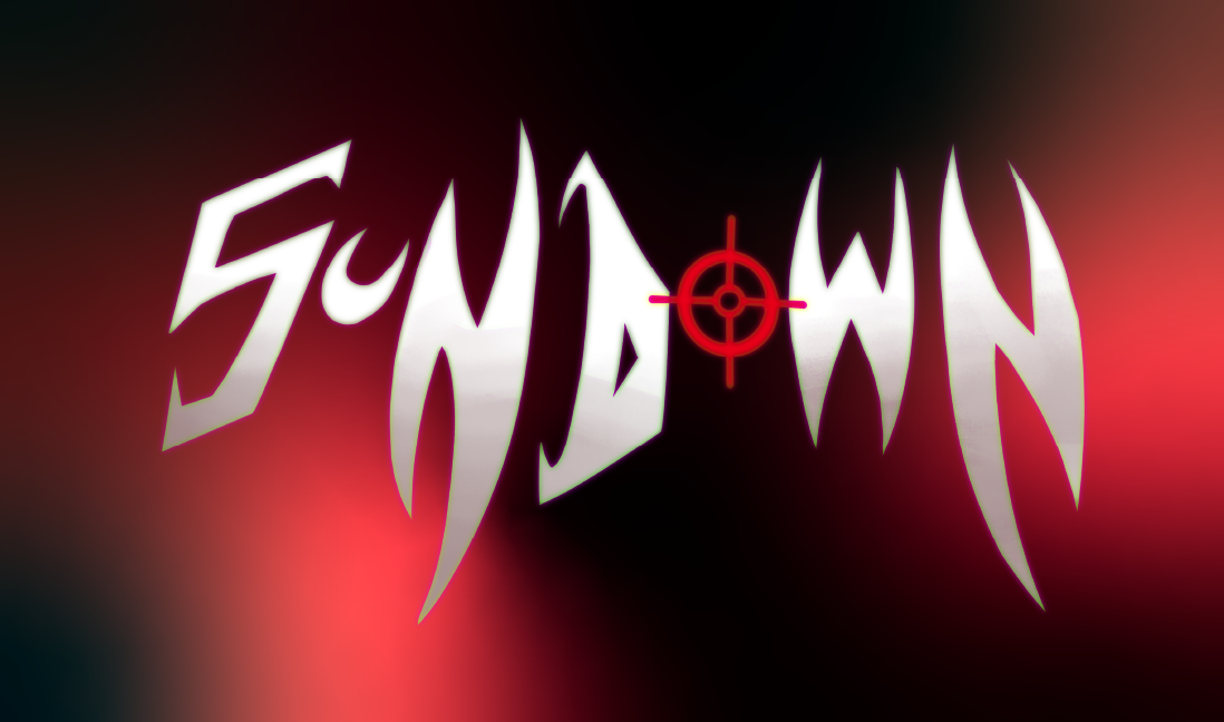The word 'Sunown' written in stylized white font with a red crosshair symbol in the center, on a black and red gradient background.