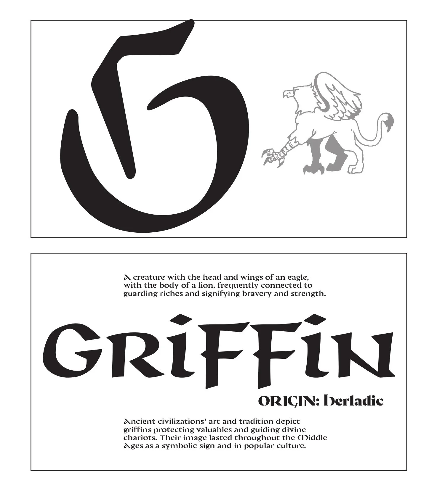 A black and white illustration of a griffin, a mythological creature with the head and wings of an eagle and the body of a lion, standing next to a large stylized letter 'G'. Below, text notes the griffin's origin from Beradic, its symbolism of bravery and strength, and its depiction in ancient art and tradition.