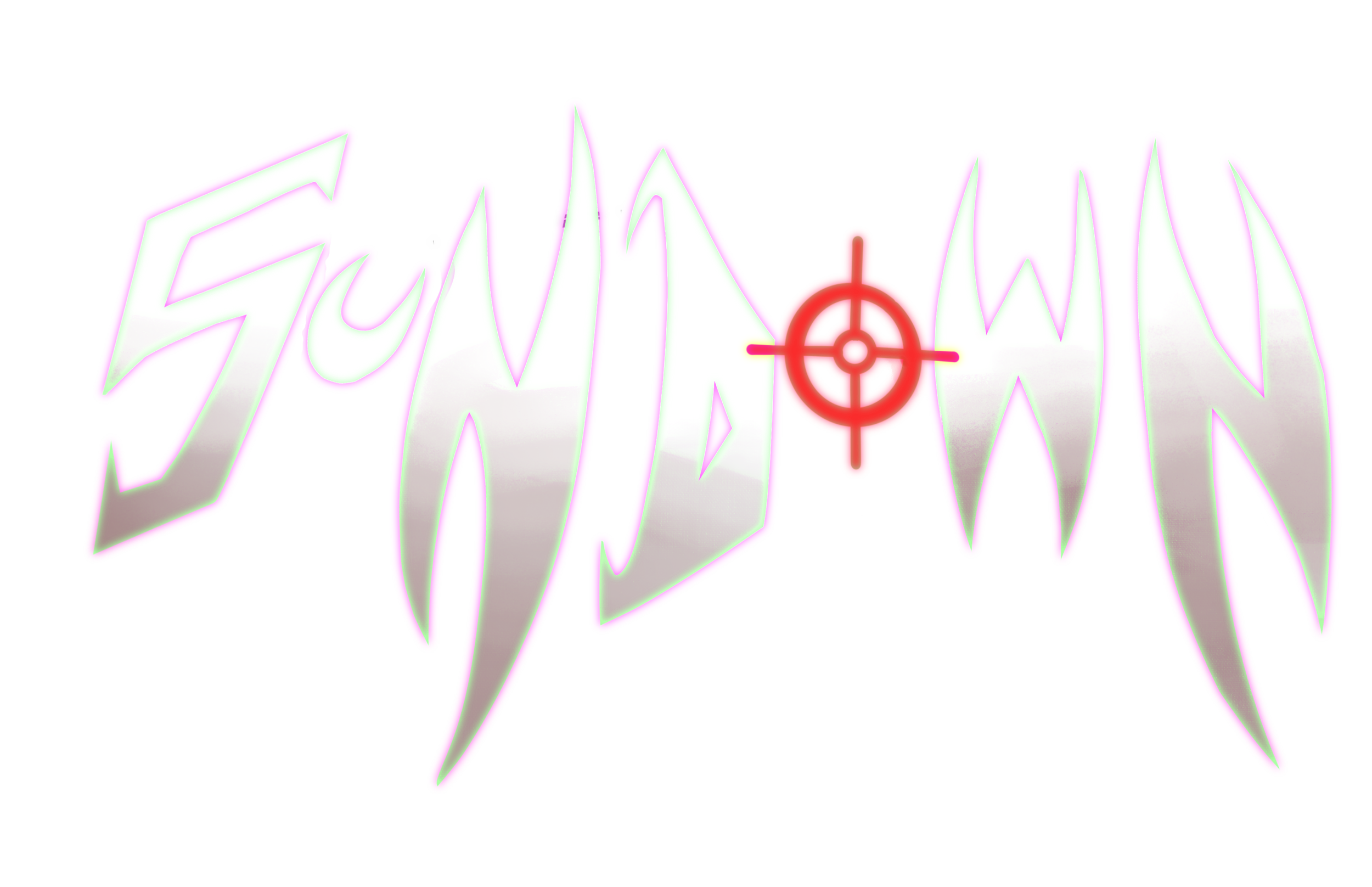 Bright neon sign with stylized text and a red crosshair symbol, glowing with pink, white, and purple colors.