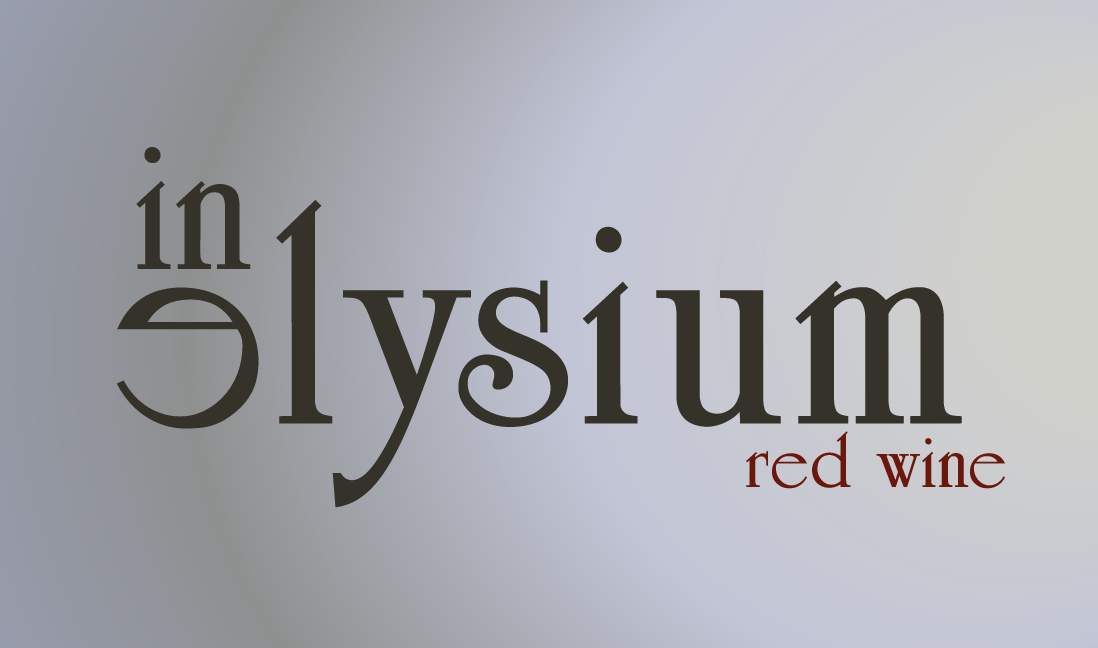 Text graphic with the words 'elysium' in large font and 'red wine' in smaller font, on a gray gradient background.