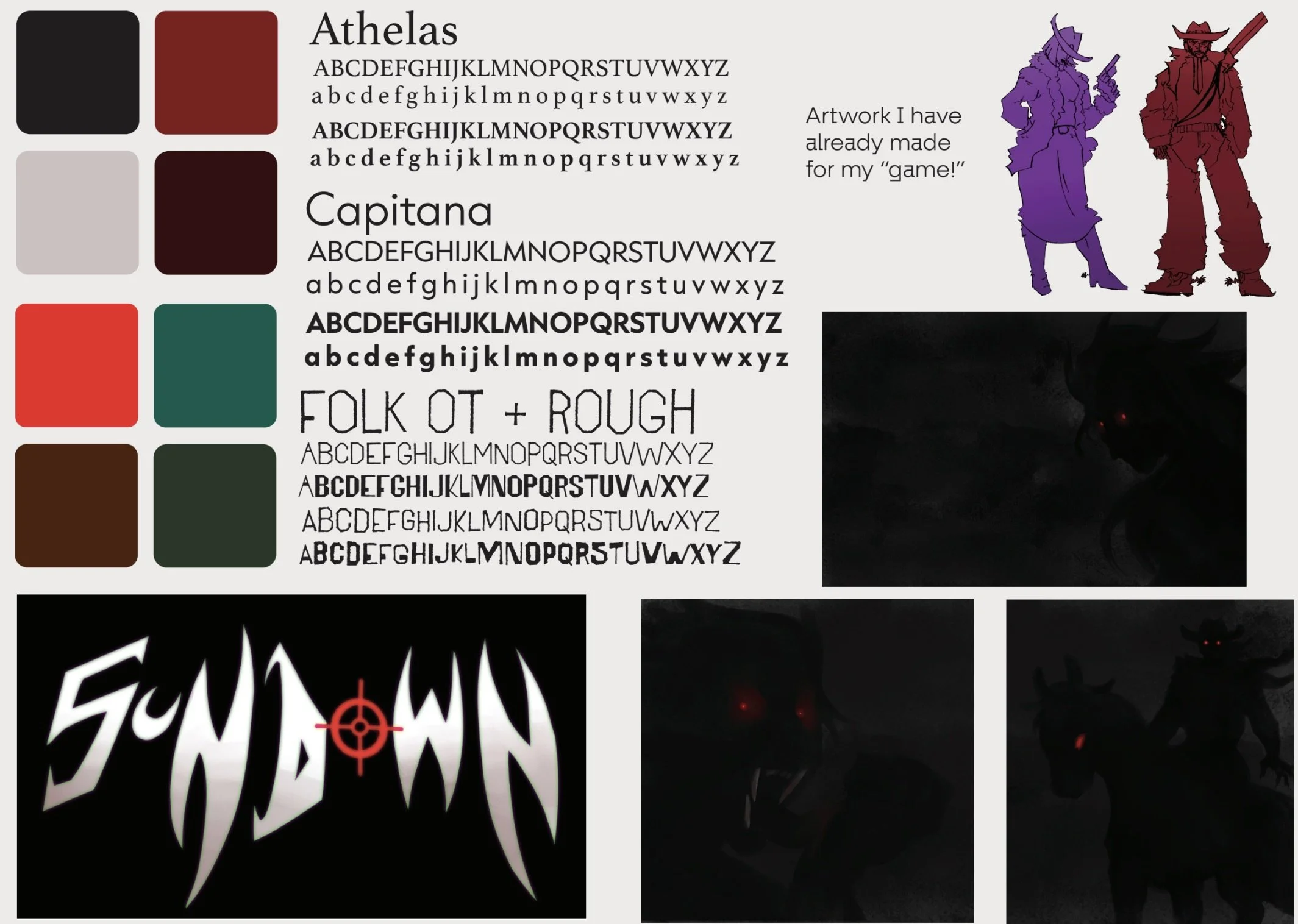 A collage featuring font sample sheets, character artwork of two cowboy-like figures in purple and red, and a dark background with red eyes and shadows.