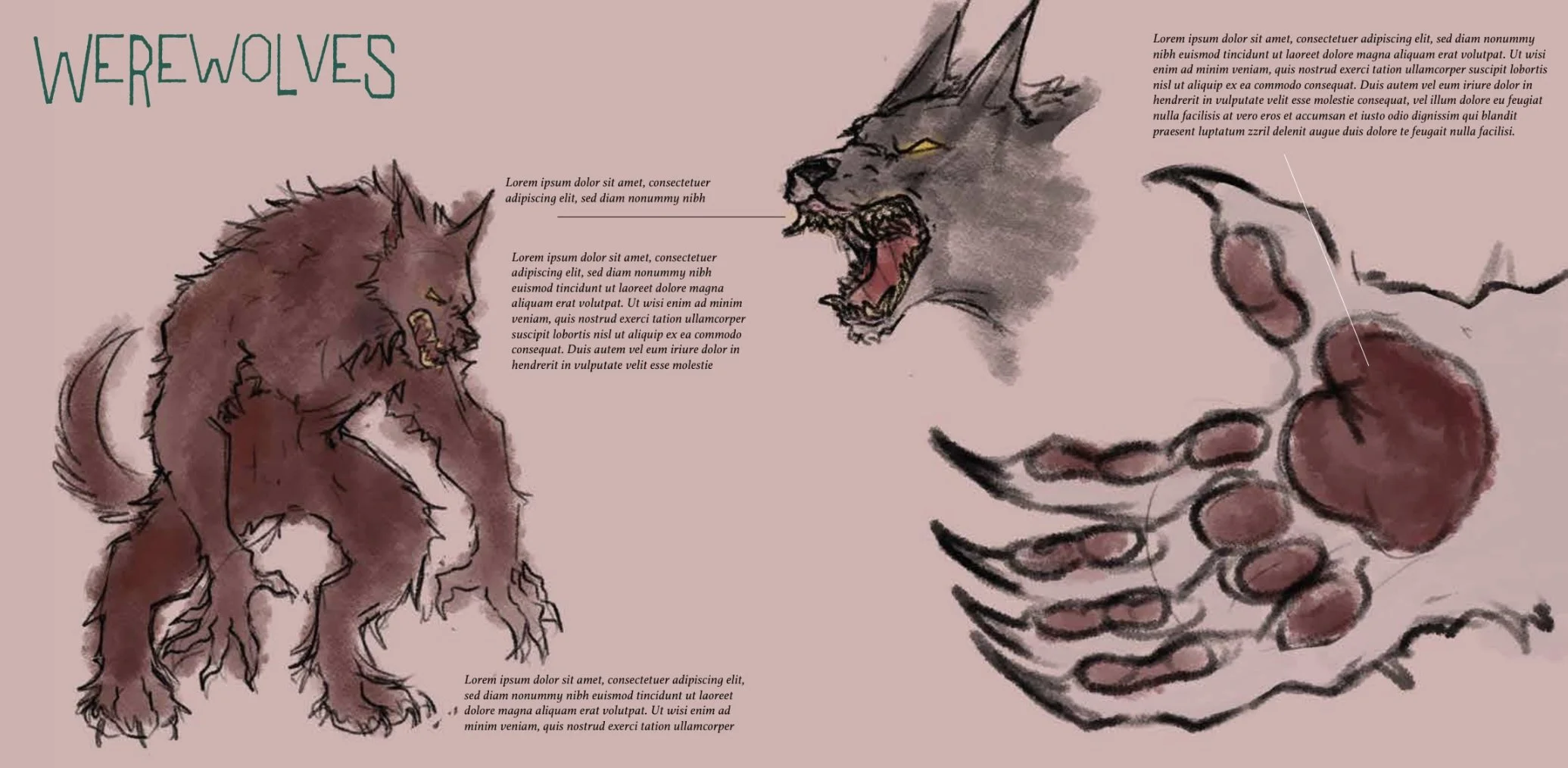 A digital illustration depicting werewolves, with one on the left side and one on the right side, along with placeholder text and the title 'Werewolves' at the top left.