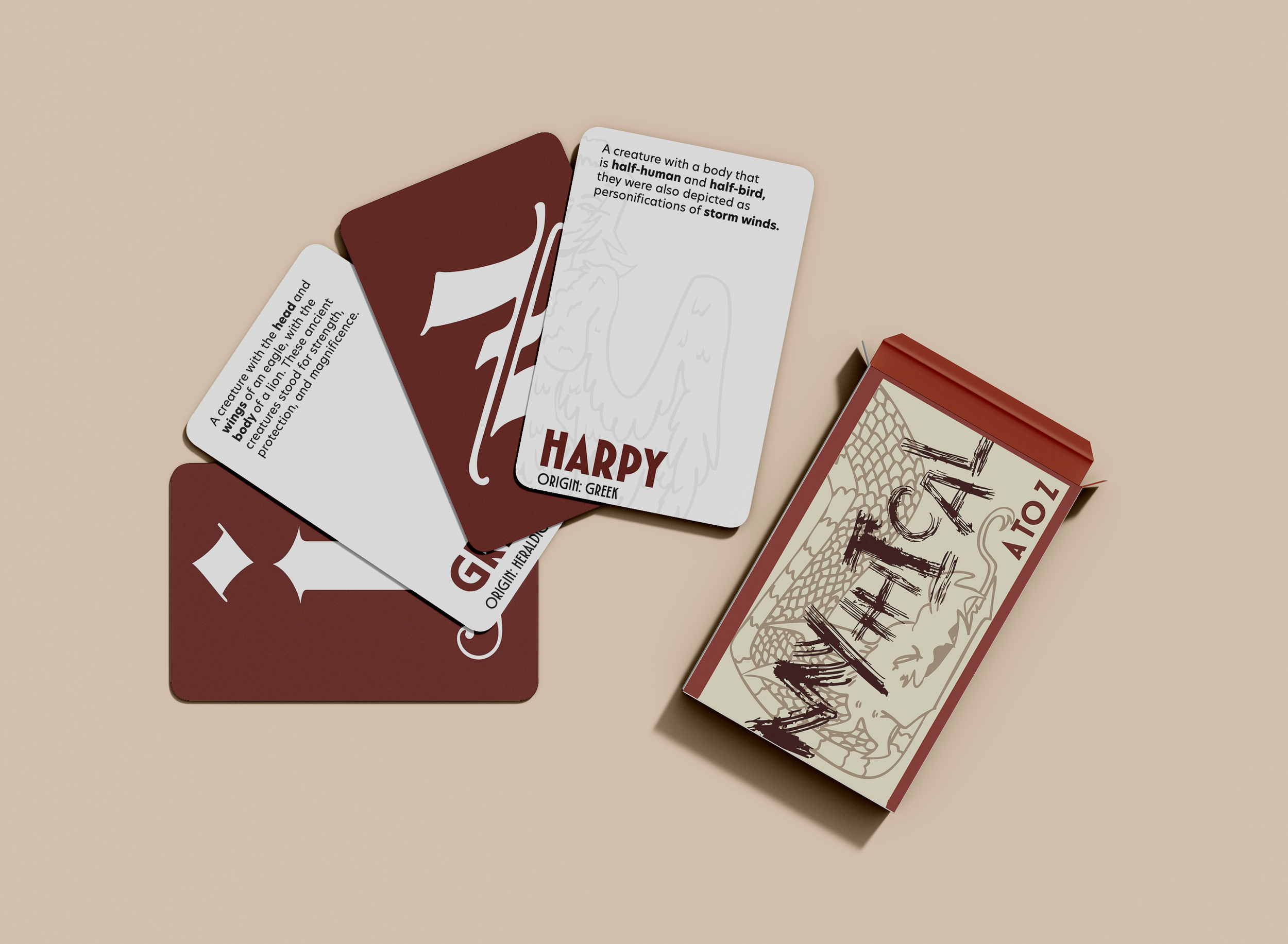 Close-up of several tarot or oracle cards spread out on a beige surface, with one card partially visible showcasing intricate drawings and bold typography.