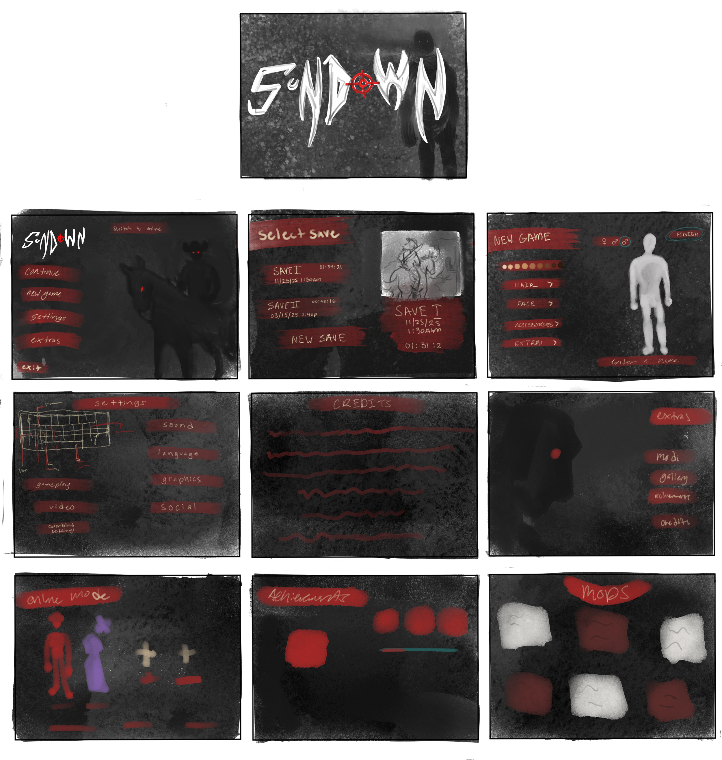 Video game menu screen with titles 'Sentown,' options for new game, continue, settings, extras, and exit; a Save menu with timestamps, a character customization menu with options for hair, face, accessories, extras, and entering a name; and a credits section with categories such as settings, sound, language, graphics, social, and gameplay. The screens feature a dark background with red and white text and graphics.