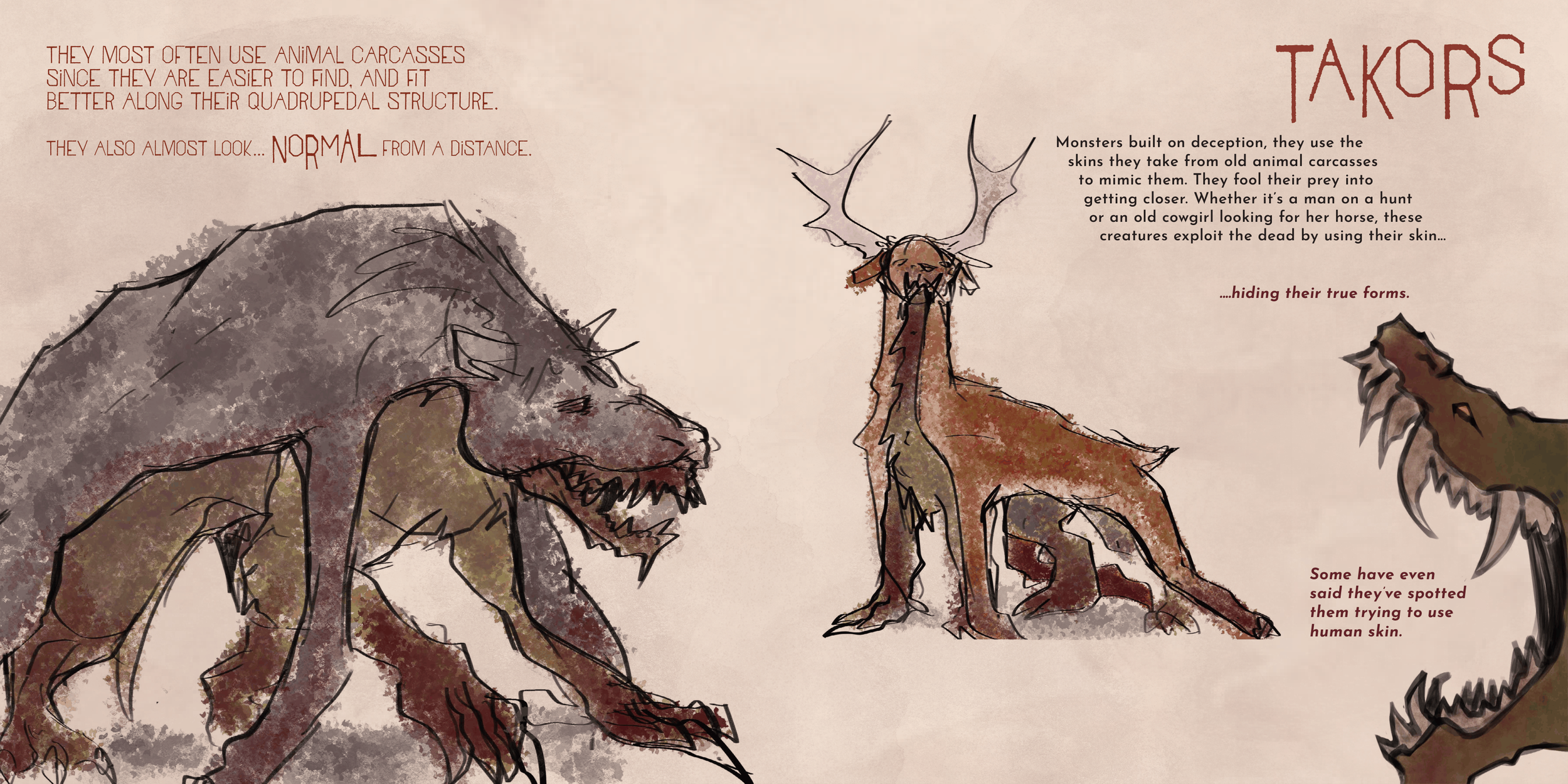 Illustration of story about predators called takors. The image shows sketchy drawings of dog-like creatures with skeletal features, sharp teeth, and antler-like horns. The text explains takors are monsters designed to deceive, wearing skins of animals to mimic them and hiding their true forms.