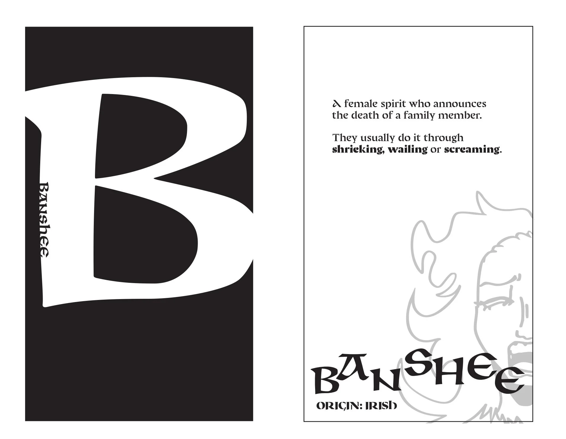 A black and white packaging label for Irish Banshee whiskey, featuring a female spirit who announces a family member's death with sounds like shrieking, wailing, or screaming.