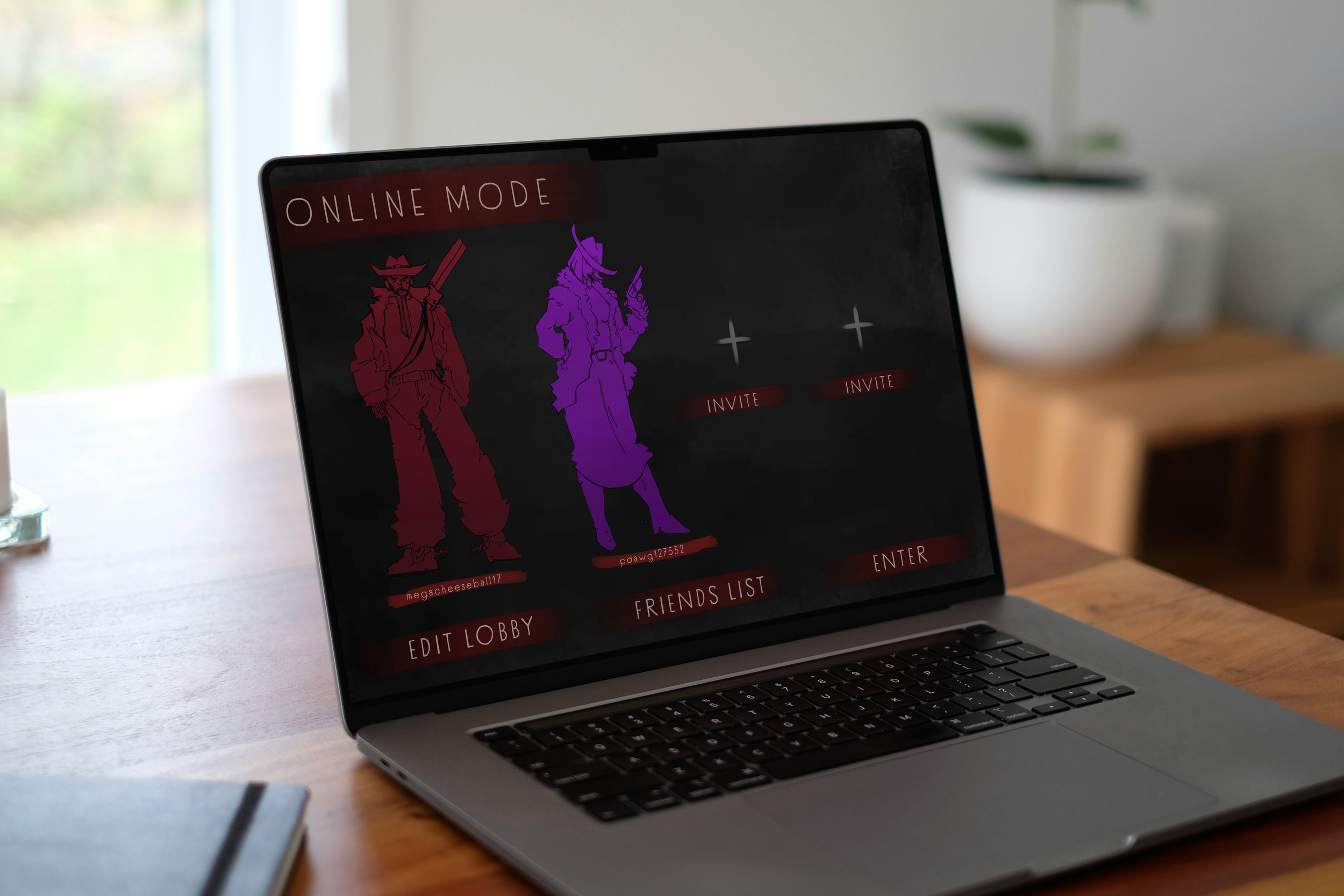 Laptop screen displaying a game menu titled "ONLINE MODE" with cartoon characters, including a man in cowboy attire and a woman in pirate costumes, and options like "FRIENDS LIST" and "ENTER".