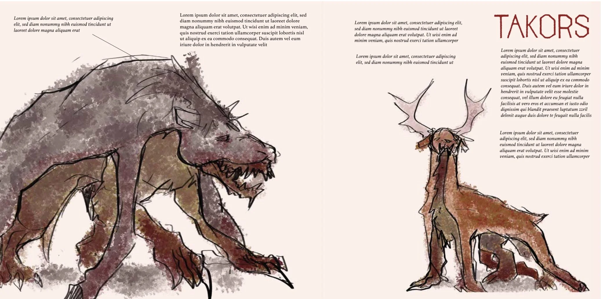 Illustration of two fantasy creatures: on the left, a wolf-like creature with sharp teeth and spiky features, and on the right, a dragon with large wings and a fierce expression. The background is a soft beige with placeholder text surrounding the images.