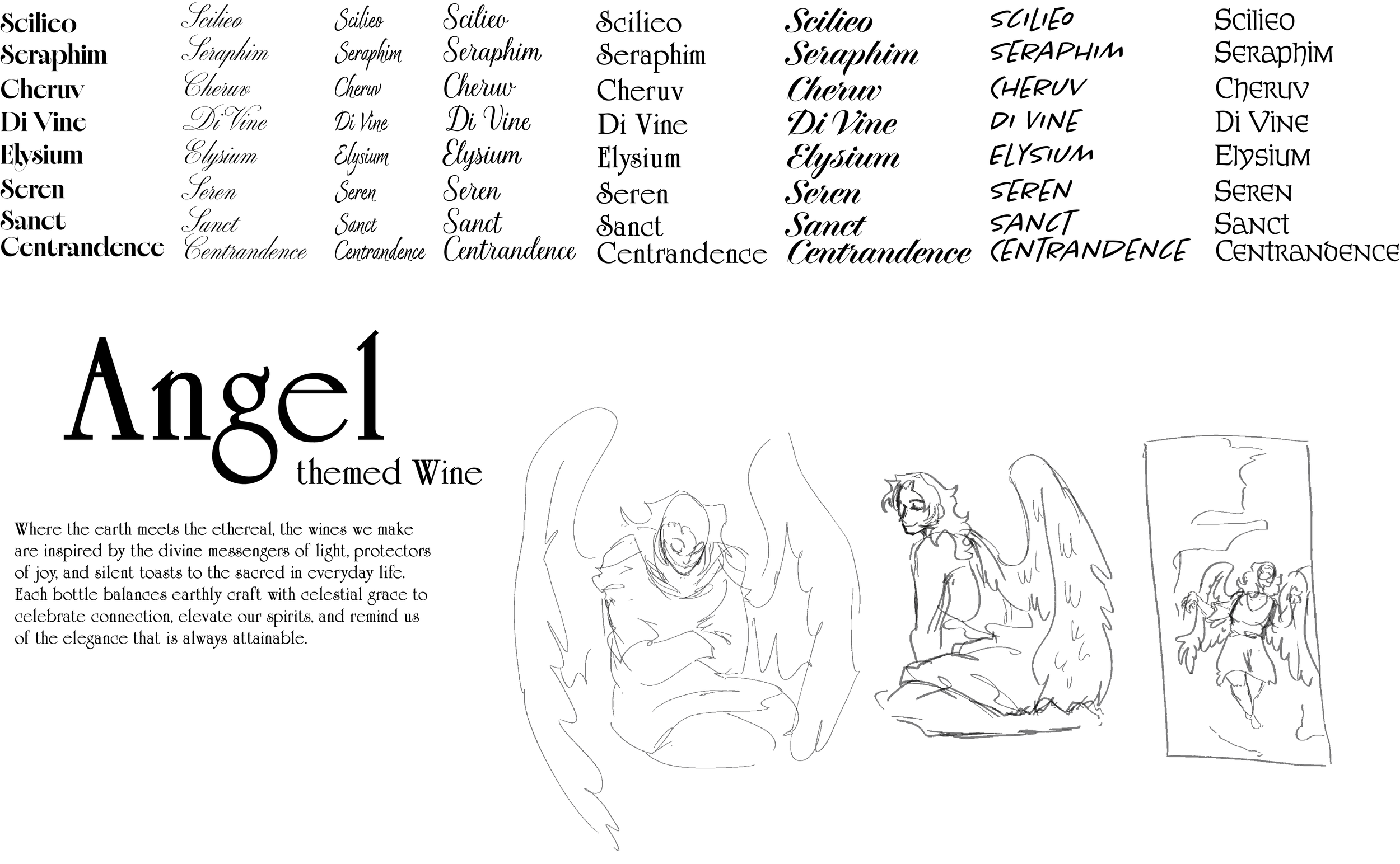 Black and white font and illustrations depicting angels and angel-themed wine labels named after various angels such as Sciloe, Seraphim, Cheruv, Di Vine, Elysium, Seren, Sanct, and Centrandence, with a brief description of the angel-themed wine concept.