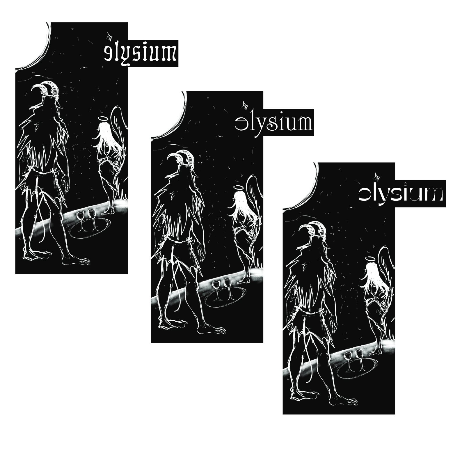 Black and white digital artwork featuring three anthropomorphic goats with horns, wearing tattered clothing, standing by a pool with two wine glasses, under a moonlit night sky, and the word 'elysium' repeating in stylized text.
