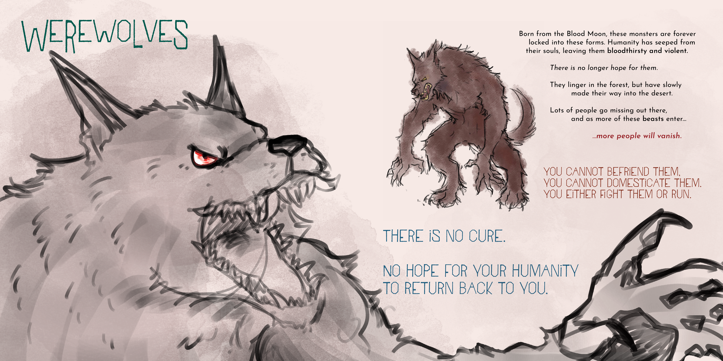 Sketch of a fierce-looking wolf with red eyes on the left side and a snarling lion on the right side, accompanied by text about monsters and wolves.