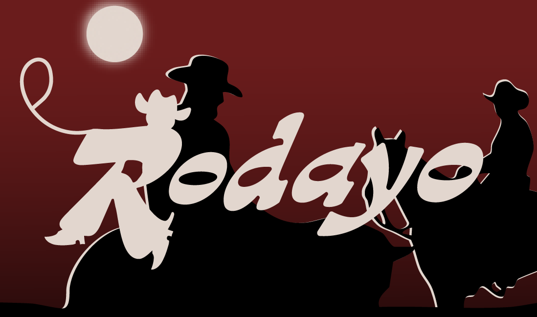 Silhouettes of a cowboy and a woman with a dog on horseback, against a red sky with a full moon, with the word 'Rodeo' in stylized script.