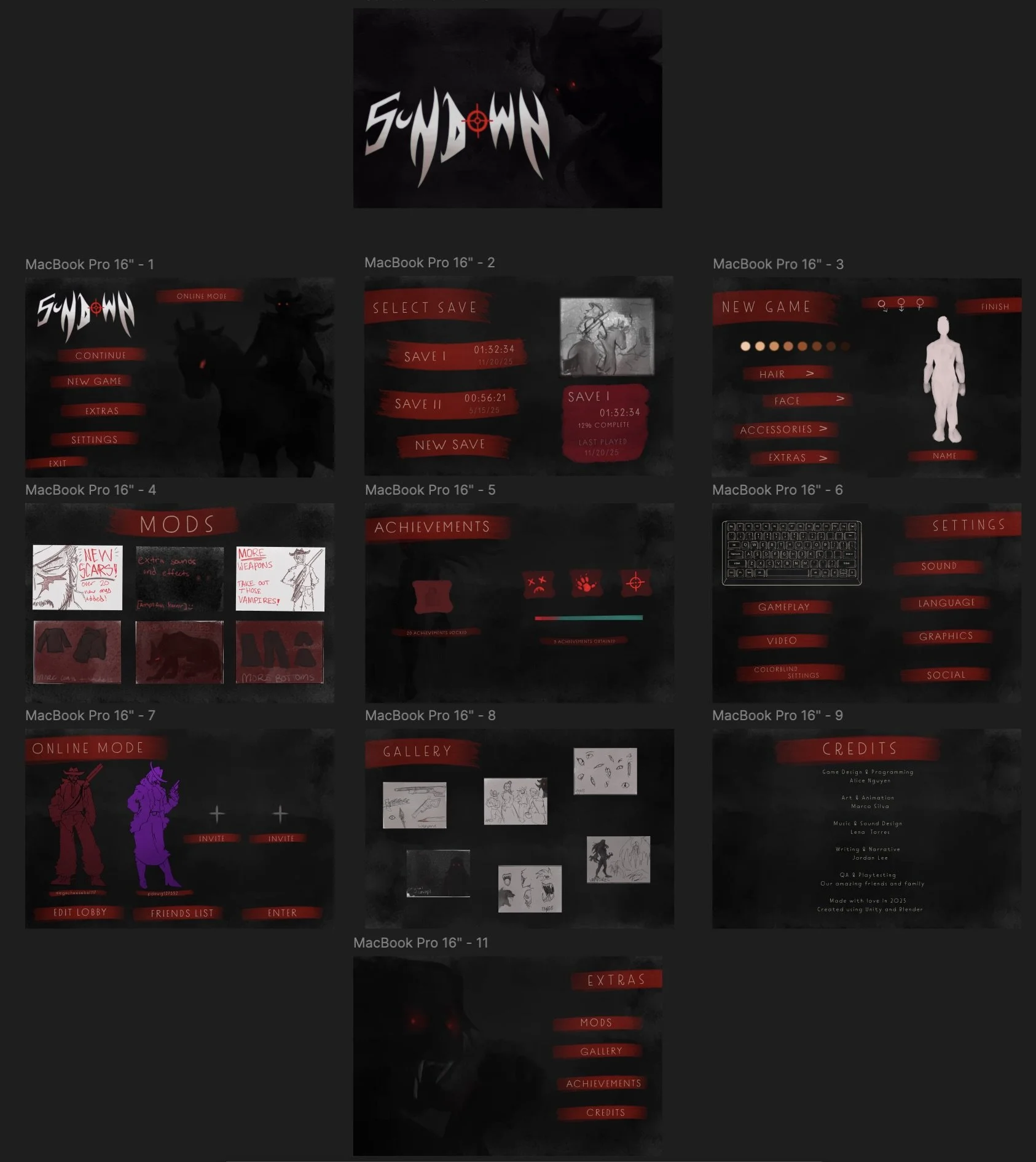 Screenshots of a video game menu titled 'Sundown'. The menu includes options such as Continue, New Game, Extras, Settings, Exit, Mods, Gallery, Achievements, Credits, and various customization options for characters and game settings, with a dark background and red-highlighted text.