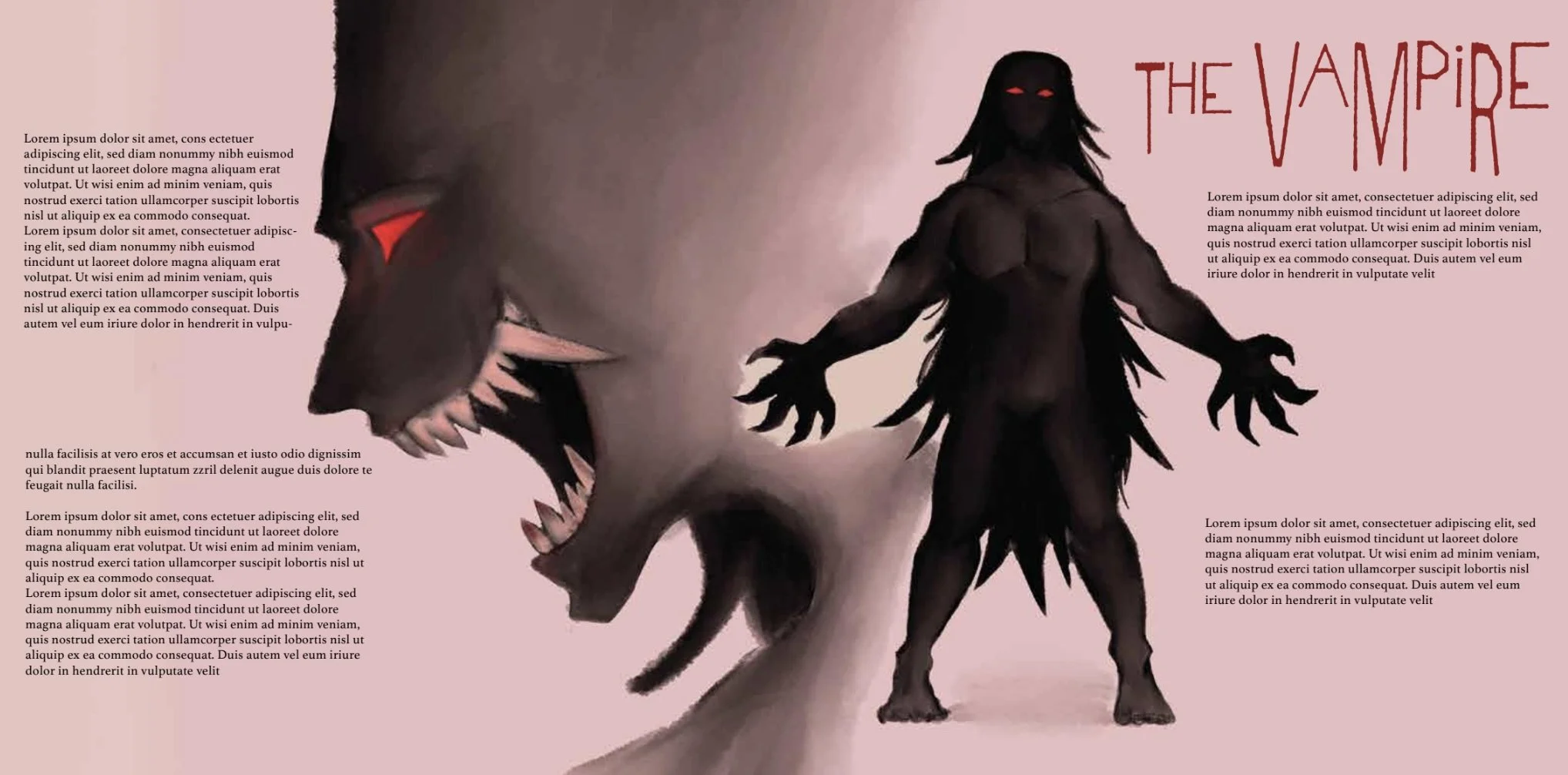 A collage featuring a close-up of a person hissing with their mouth open and fangs visible, and a drawing of a creature with bat-like wings, elongated limbs, and red eyes, labeled 'The Vampire.'