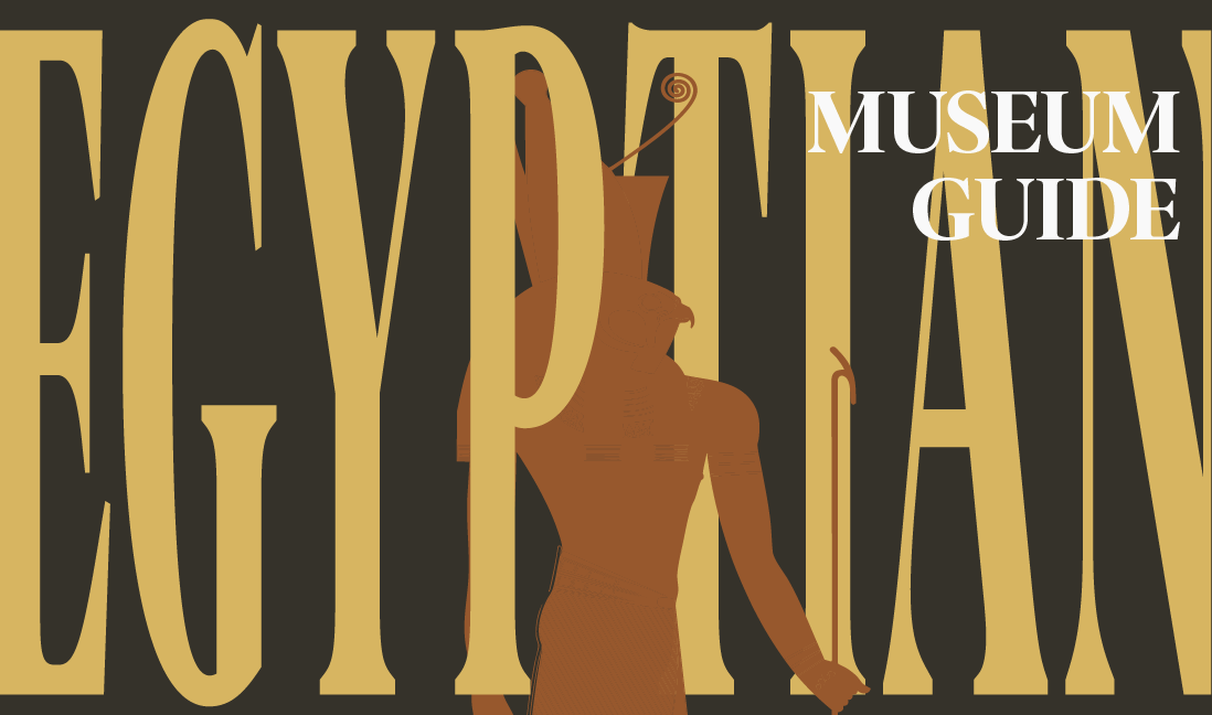 Cover of a museum guide with stylized text and a silhouette of a woman holding a staff or walking stick.