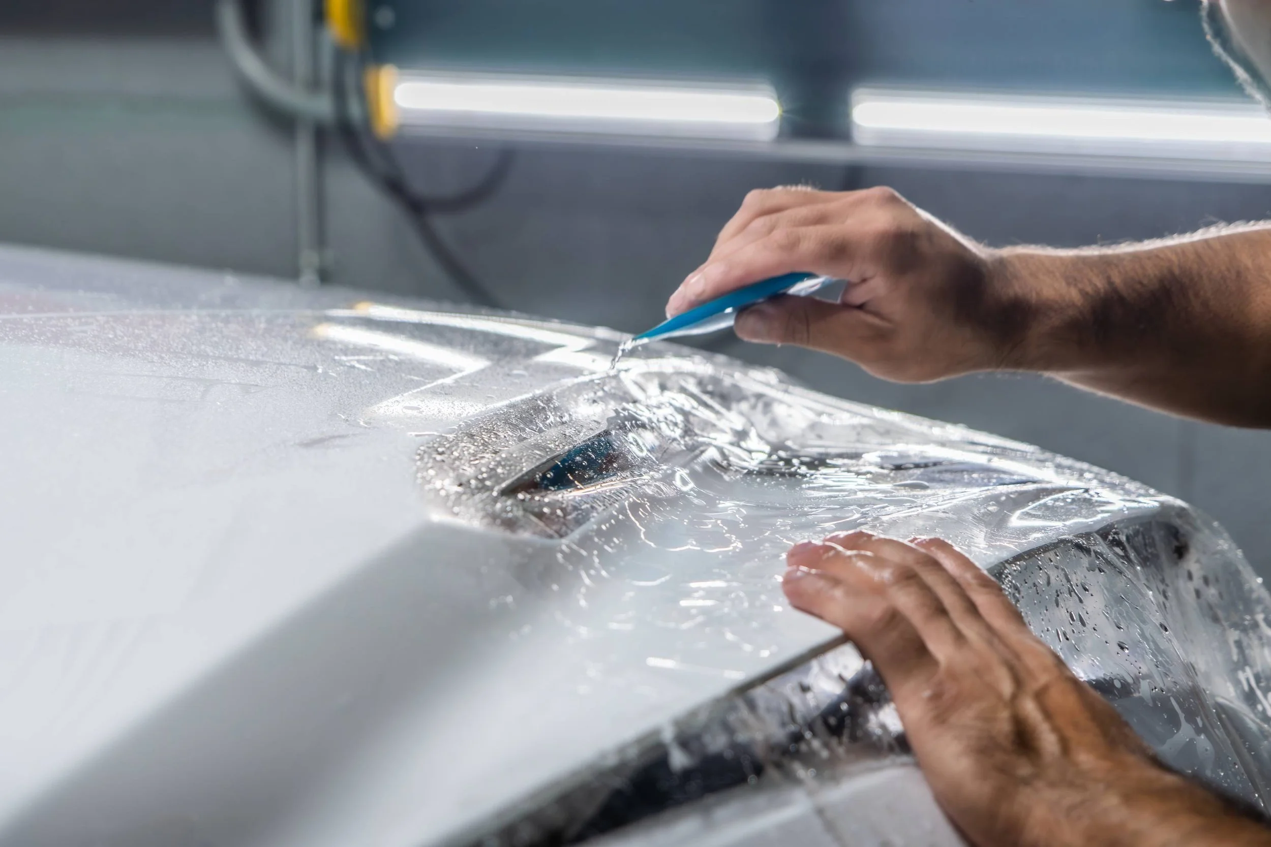 A person applying a protective film or tint to a car's hood using a squeegee tool.